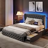 Fameill Queen Size Platform Bed Frame with 4 Storage Drawers and Headboard&comma; Upholstered Bed Frame with 2 Charging Station & LED Lights&comma; Button Tufted and Rivet Design&comma; No Box Spring Needed&comma; Dark Grey