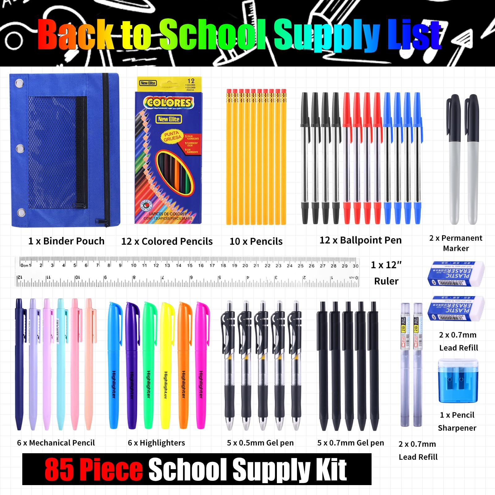 Kit de 85 fournitures de rentrée scolaire pour élèves du secondaire, de l'université, boîte de fournitures scolaires, outils d'apprentissage essentiels pour les étudiants