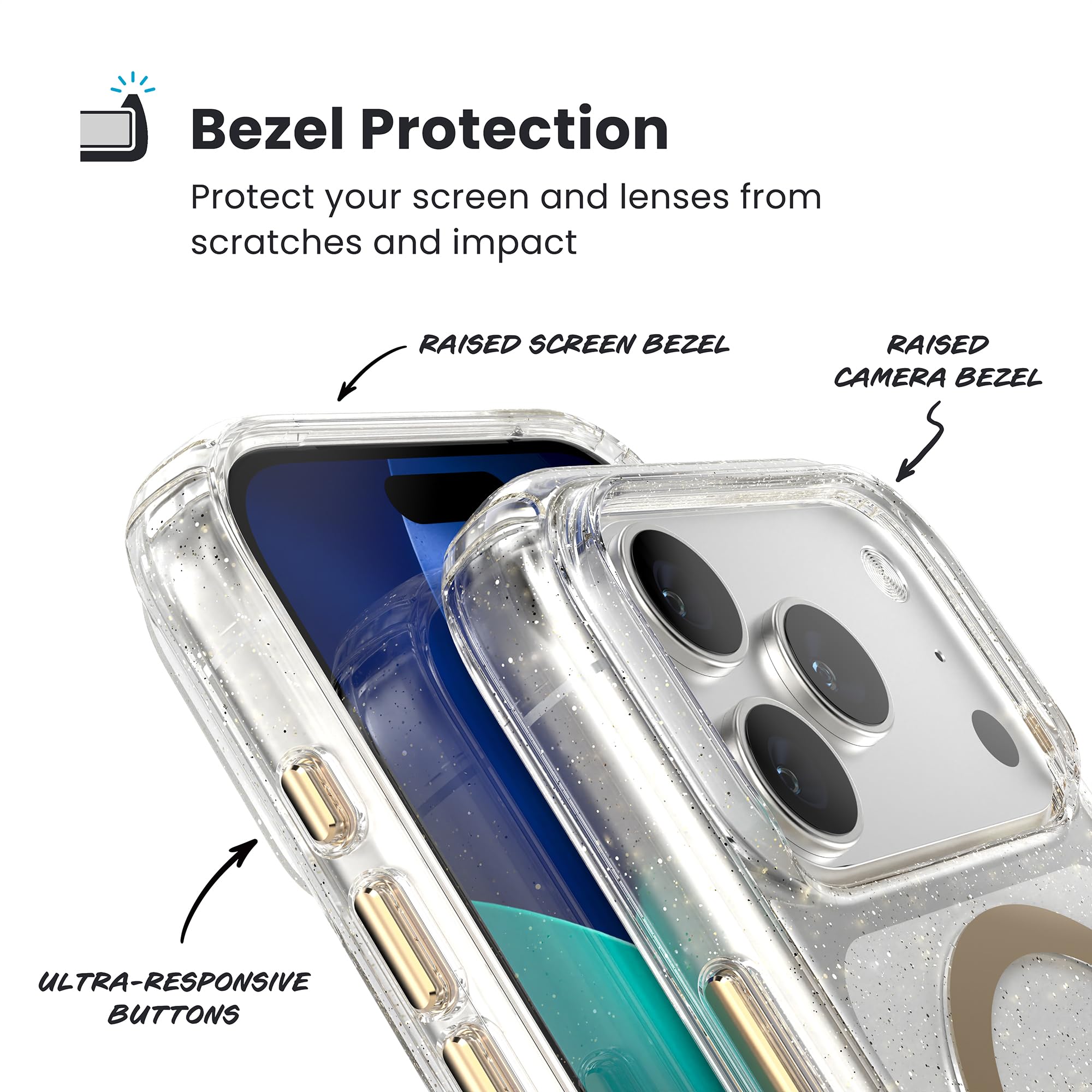Speck Presidio LUX - Custodia protettiva sottile per iPhone 17 Pro, compatibile con MagSafe, glitterata/oro metallizzato