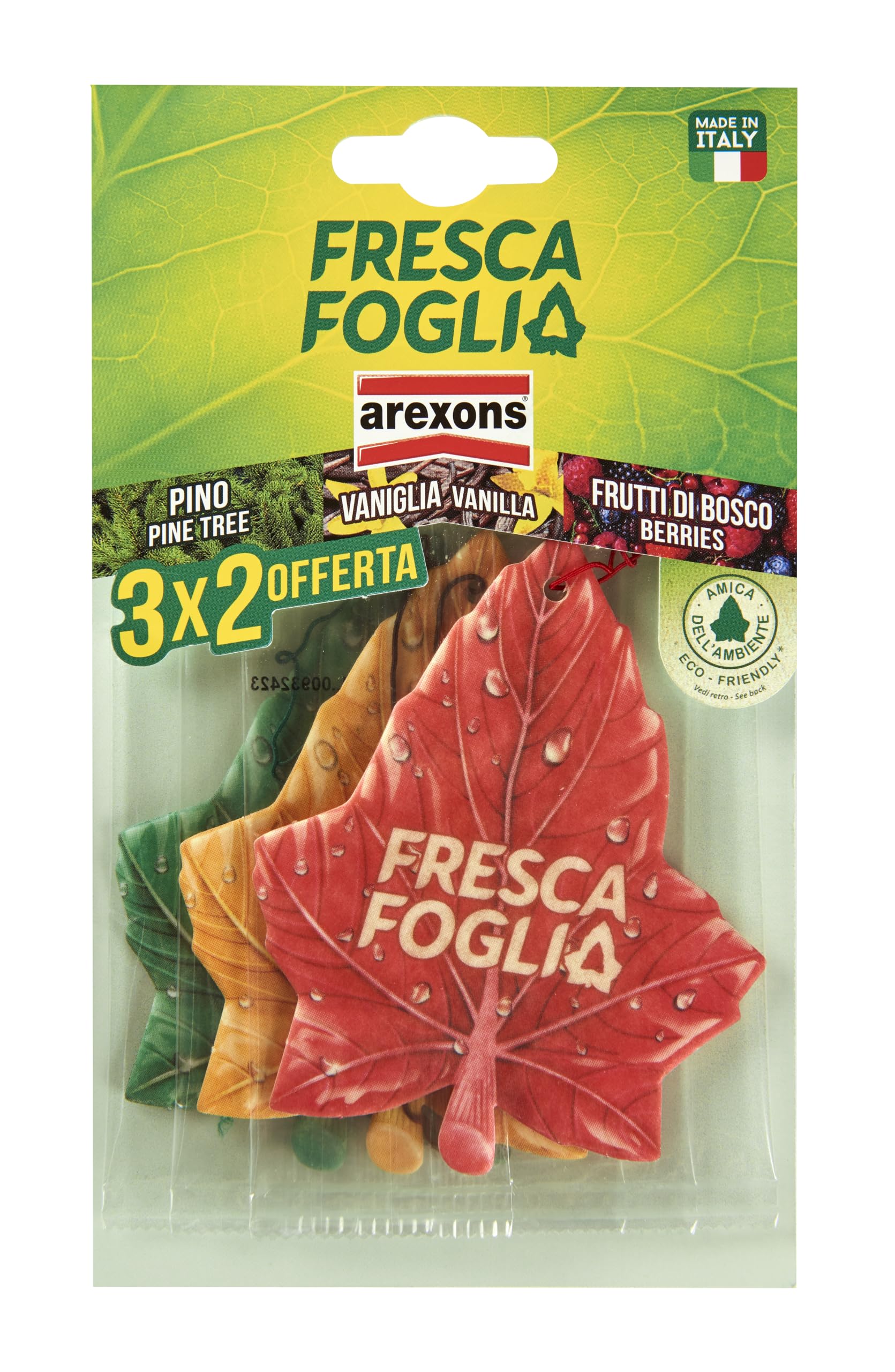AREXONS Fresca Foglia Profumatore Auto Tris Pino, Vaniglia, Frutti di bosco, profumatore ambiente auto in cartonfeltro 3x2, regolazione di profumazione, facile dosaggio