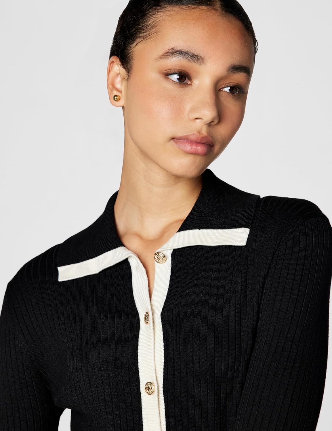 Karl Lagerfeld Women's Long Sleeve Collared Gold Buttons Essential Sweater
