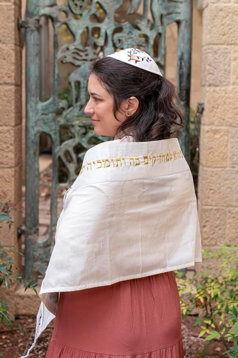 Yair Emanuel Multicolor Tree of Life Design Embroidered Raw Silk White Tallit Set