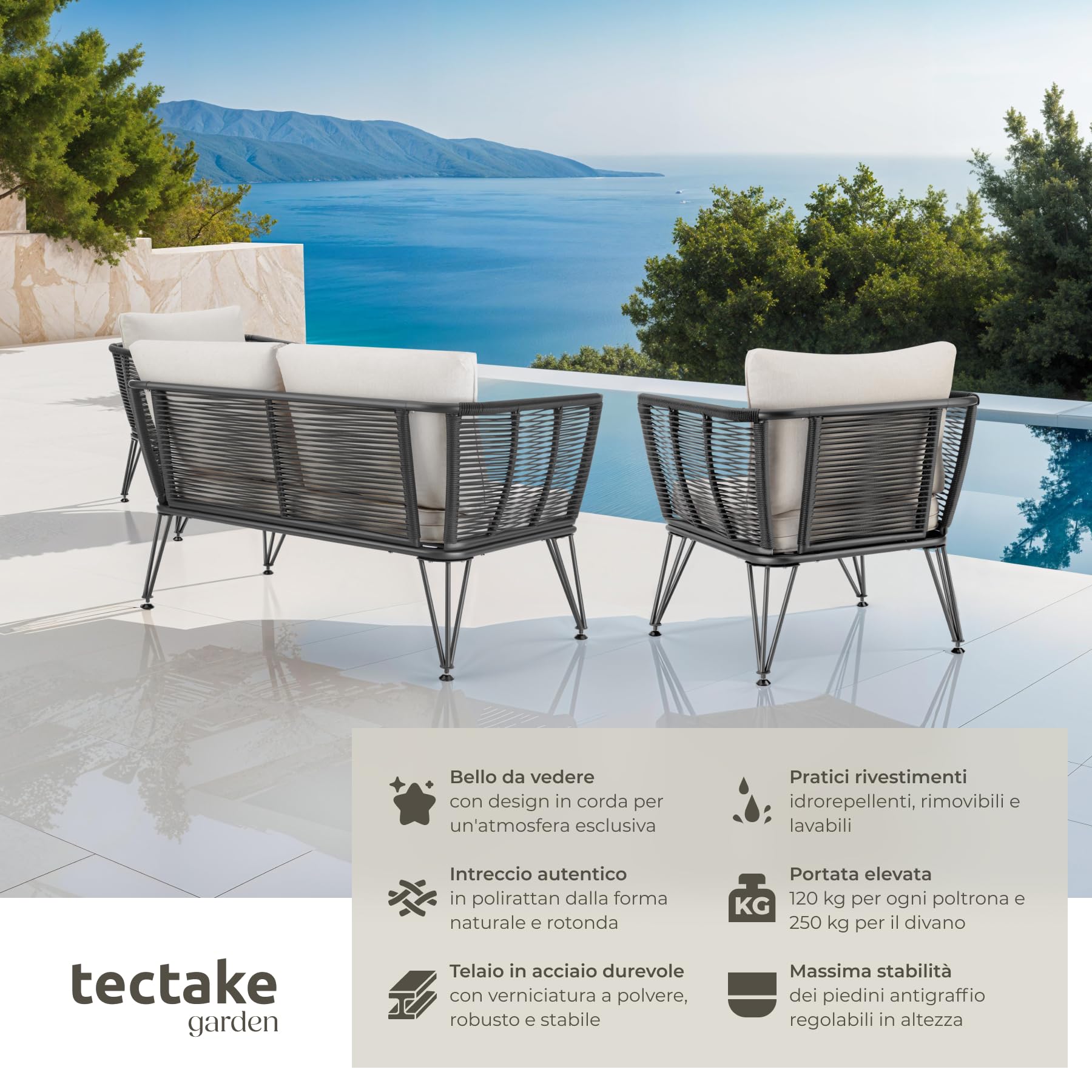 tectake® Set Lounge da Giardino, Polyrattan Resistente, Divano da Giardino e 2 Poltrone Design Elegante, Cuscini Extra Spessi, Ideale per Salotto da Esterno, Arredo Giardino Moderno - Antracite