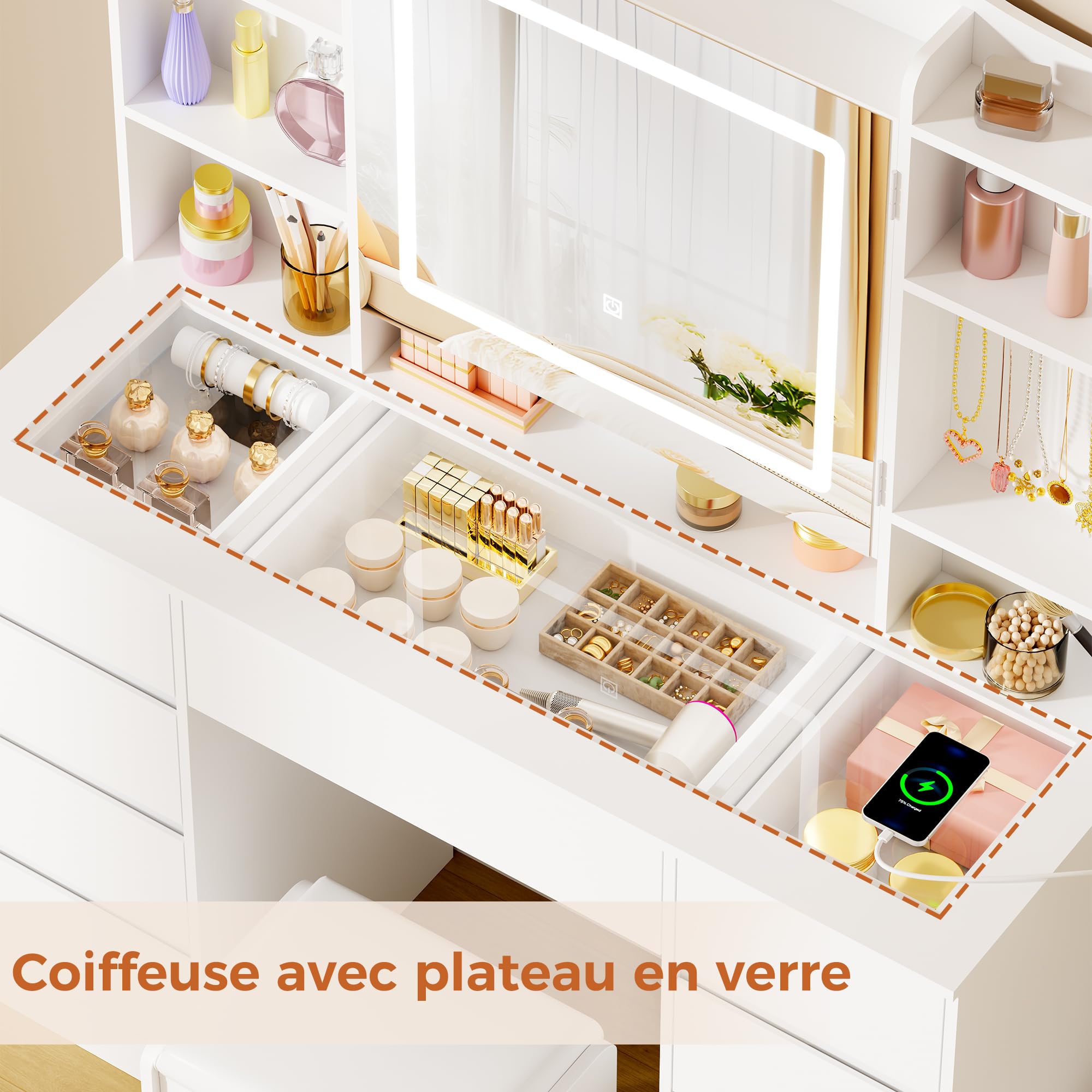 ANWBROAD Grande Coiffeuse avec Miroir et Éclairage LED Coiffeuse avec Plateau en Verre,Tabouret,Prise et Rangement Bijoux Table de Maquillage avec 9 Tiroirs 7 Étagères 7 Crochets Moderne Blanc BDT21W