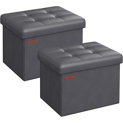 SONGMICS Small Folding Storage Ottoman, Set of 2, Foot Rest Stool, Cube Footrest, Synthetic Leather, 12.2 x 16.1 x 12.2 Inches, 286 lb Capacity, Living Room, Bedroom, Dorm, Dark Gray ULSF100G21