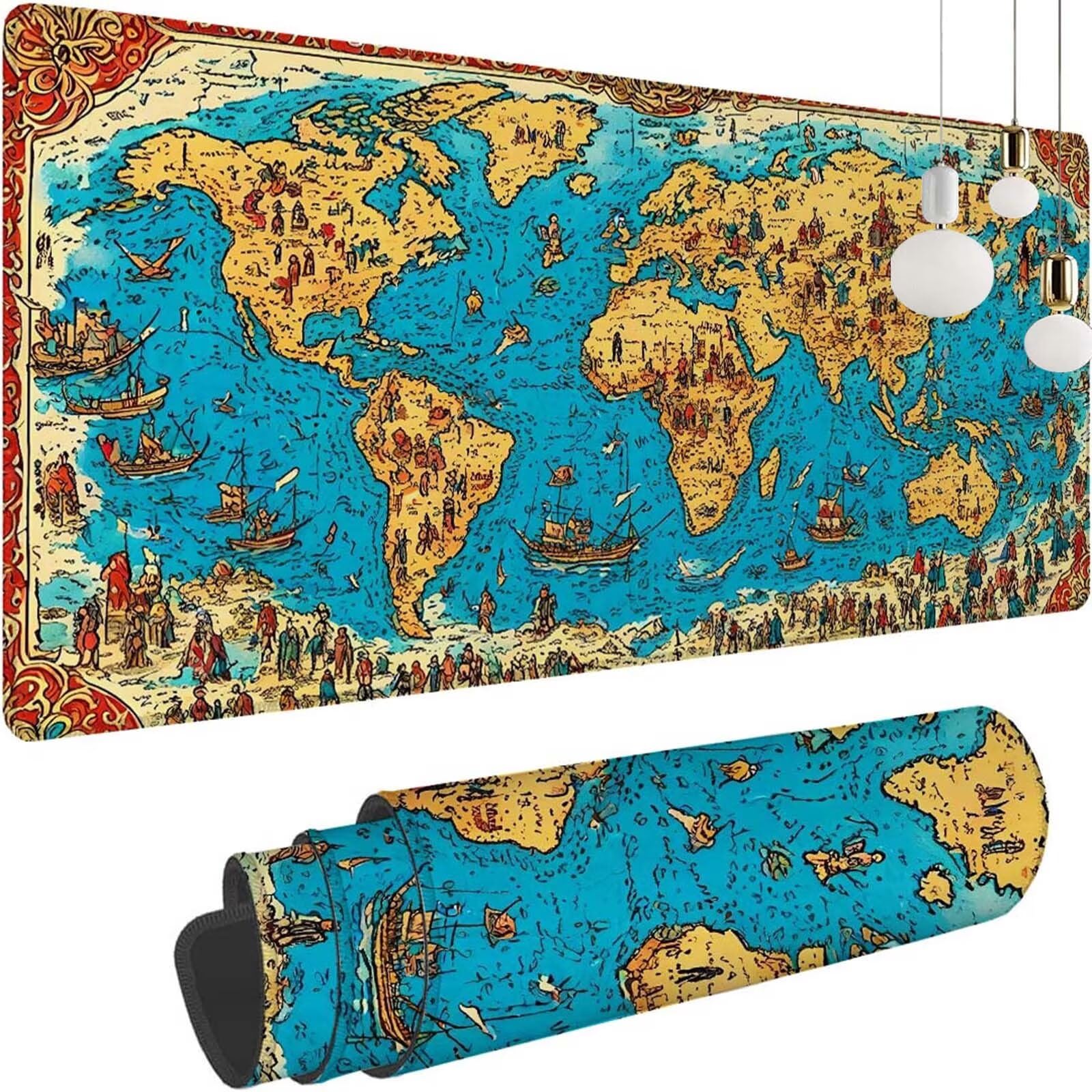 Alfombrilla Ratón Mapa del Mundo Alfombrilla Ratón XXL 1400x600x3mm Mouse Pad Resiste Salpicaduras, Extendida de Gran Tamaño con Bordes Cosidos, Mejora la Precisión y la Velocidad, Duradera y-429