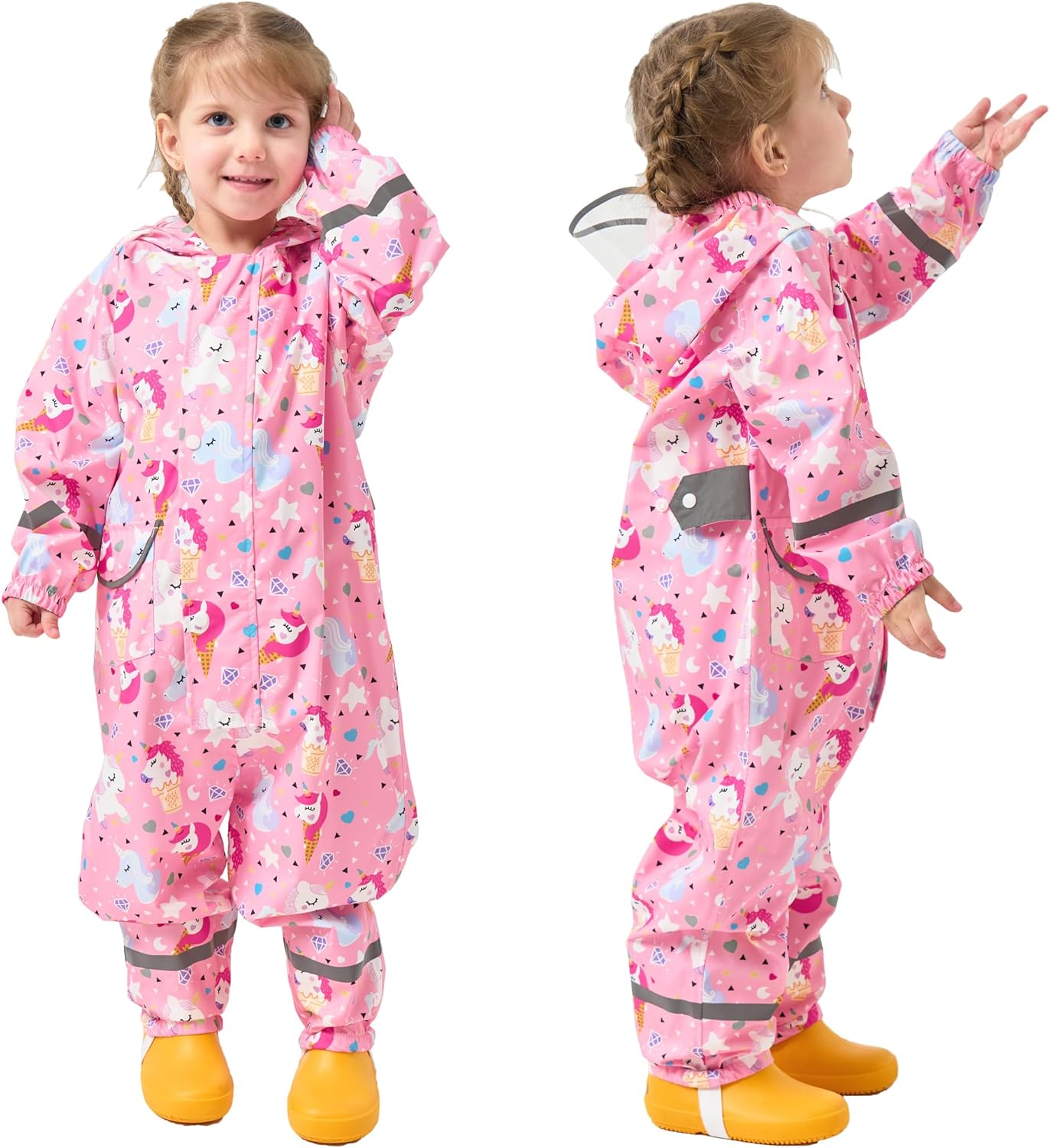 Fewlby Kids Rain Suit, Toddler Raincoats One Piece Hoodie Cartoon Rain Gear Waterproof Rainwear Coveralls for Boys and Girls