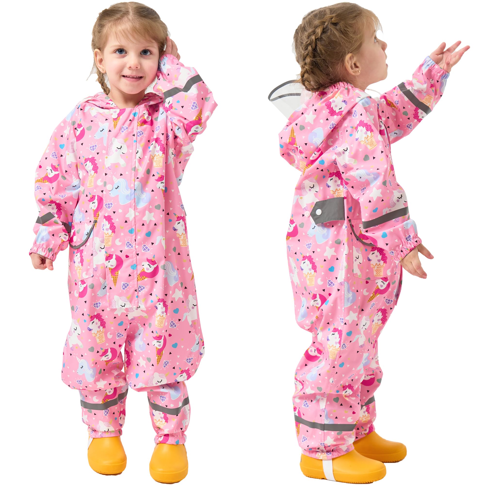 Fewlby Tuta Impermeabile Bambini Tuta Pioggia, Poncho Antipioggia con Cappuccio Bambino Giacche Impermeabili Ragazze Ragazzi Giacche da Pioggia in Cartone Animato per 1-10 Anni