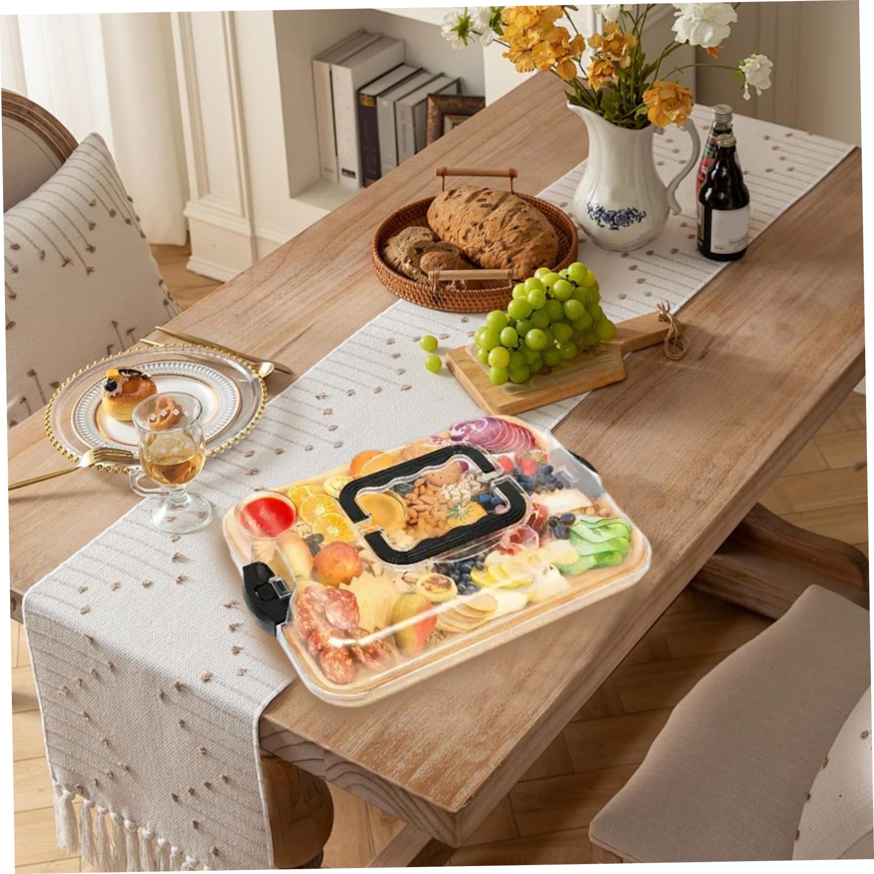 Planche à charcuterie avec couvercle, planches à charcuterie en bois portables avec couvercle transparent verrouillable, plateau de service couvert pour pique-nique camping
