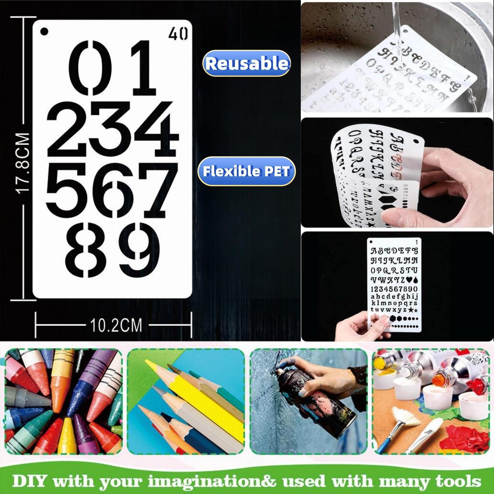 40 pezzi Lettera Stencil per la pittura 10.2 x 17.8cm Alfabeto riutilizzabili in plastica Numeri modelli di carattere per Notebook Journal, Diario, Scrapbook Decor Supplies