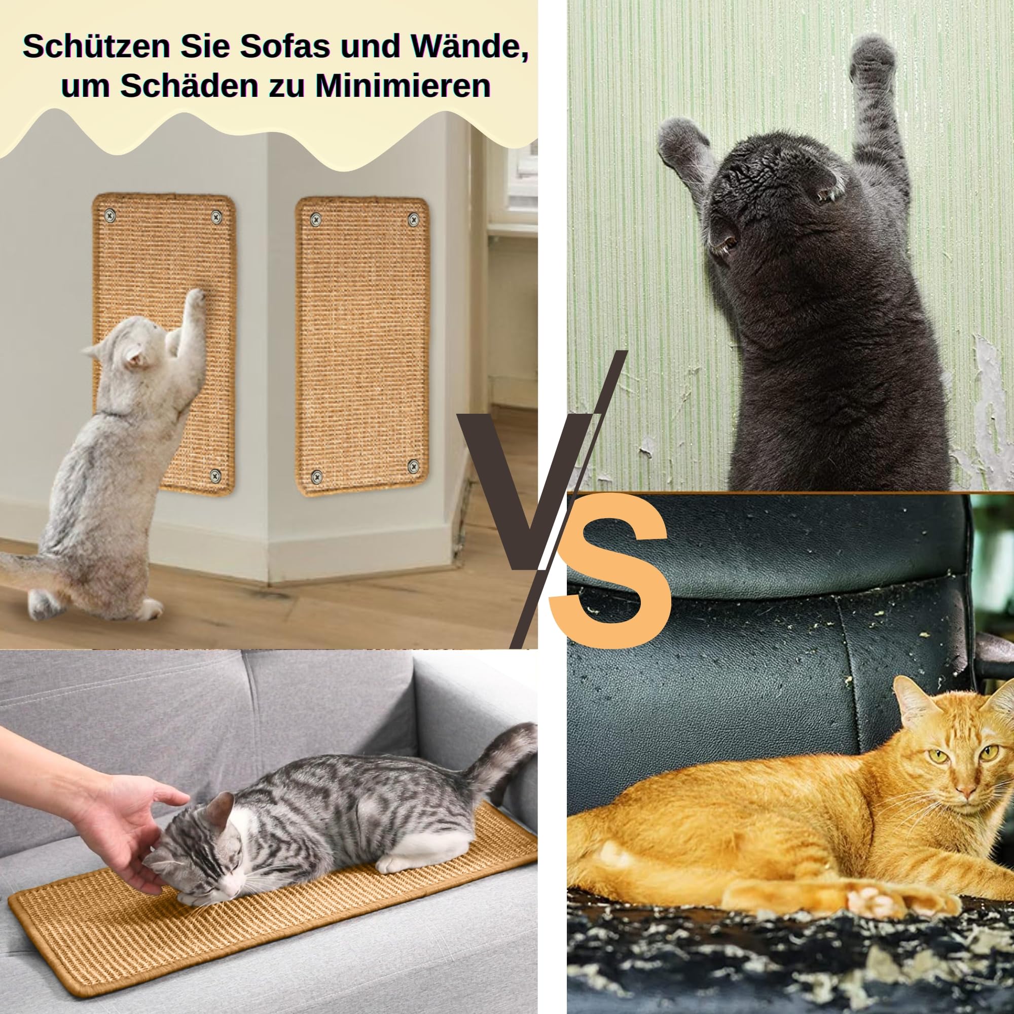 JanYoo 2 Stück Kratzmatte aus Sisal, Kratzmatte für Katzen, mit Klebeband, Katzenkratzmatte, Teppich zum Schutz der Wand, 60 × 25 cm (Braun)