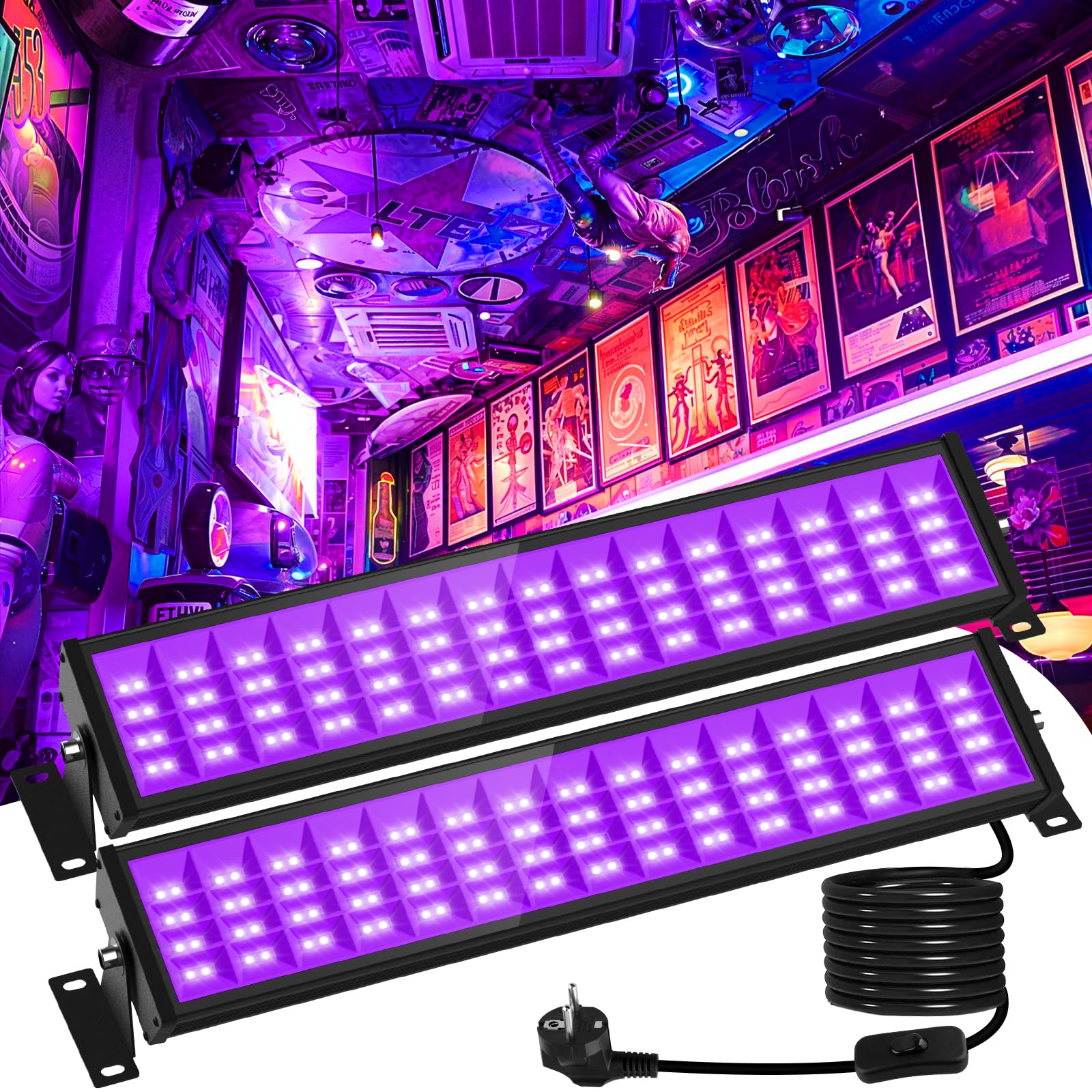 T-SUN 2 Pièces UV Lumière Noire 72W 1000LM Projecteur Lumière Noire Réglable à 360°, Cordon d'alimentation de 1,8 m, Longueur d'onde 400-405NM pour Halloween Noël Soirée Disco