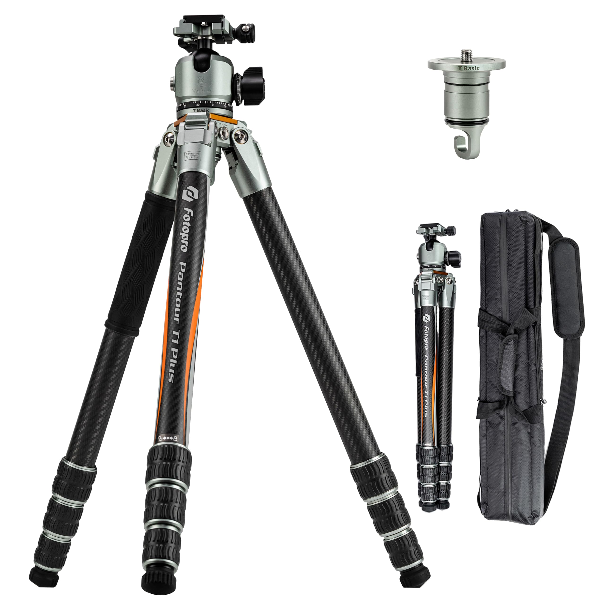 Fotopro Travel Tripod, 59" Carbon Fiber Camera Tripod Stand with 44mm Low Profile Ball Head Safety Lock for DSLR Video Camcorder, 20kg/44lbs Load, Lightweight & Waterproof, T1 Plus Basic