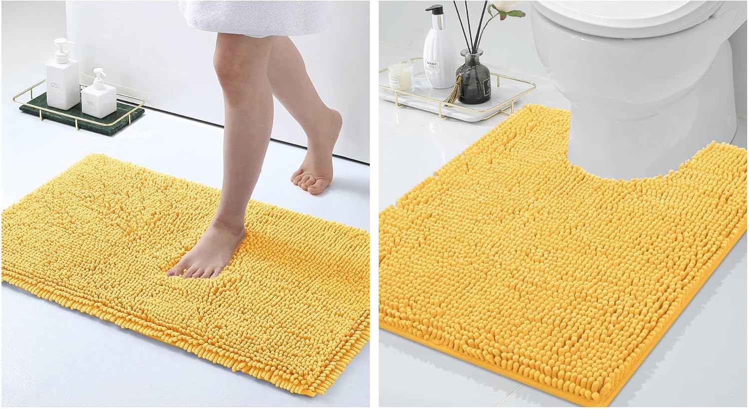 Smiry Chenille Bath Rug and Mats Set of 2,Extra Soft and Absorbent Shaggy Bath Mat, Machine Washable, Non-Slip Plush Carpet (30"x 20"+U-Shaped 24" x20", Yellow)