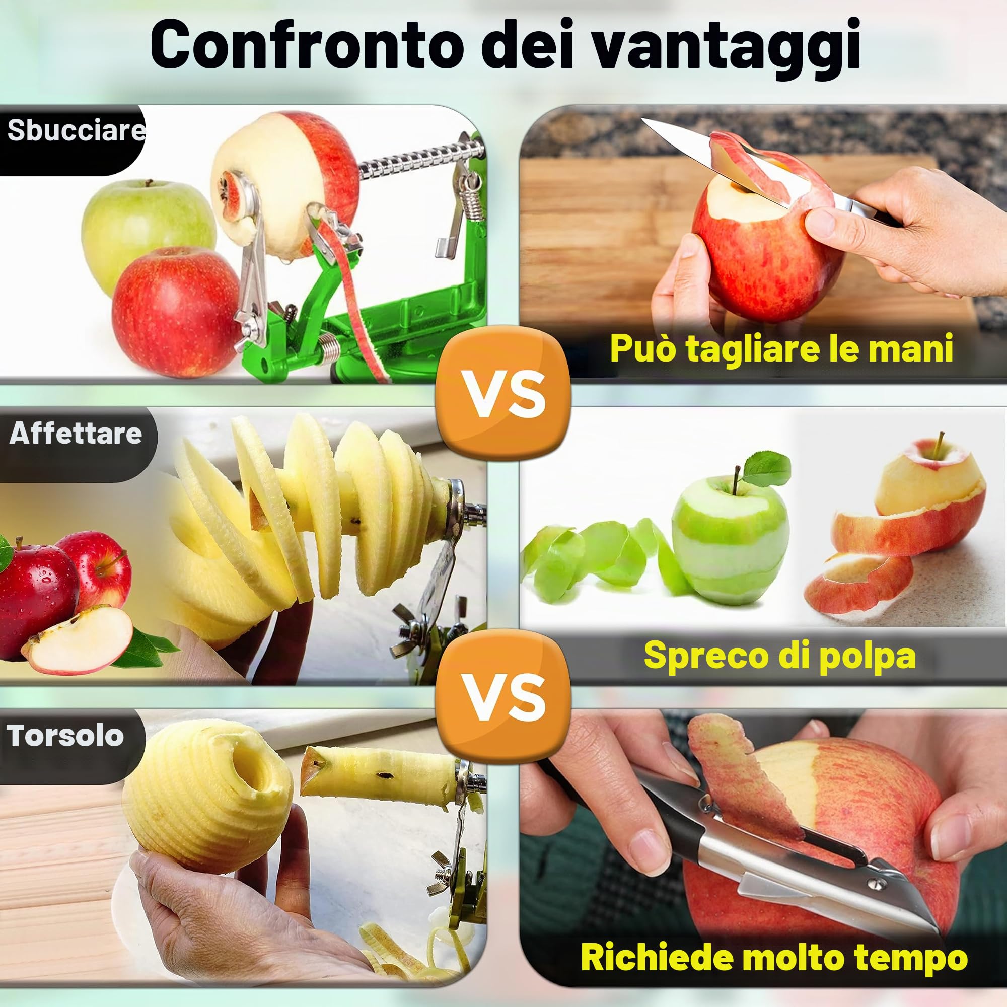 ARSUK Sbuccia Mela - Pelatore, Affettatore e Levatorsoli, Pelapatate Frutta Verdure e Patate Pela 3 in 1 - Pelamele Macchina, Corpo Ghisa, Lama Regolabile in Acciaio Inox, Base a Ventosa Antiscivolo