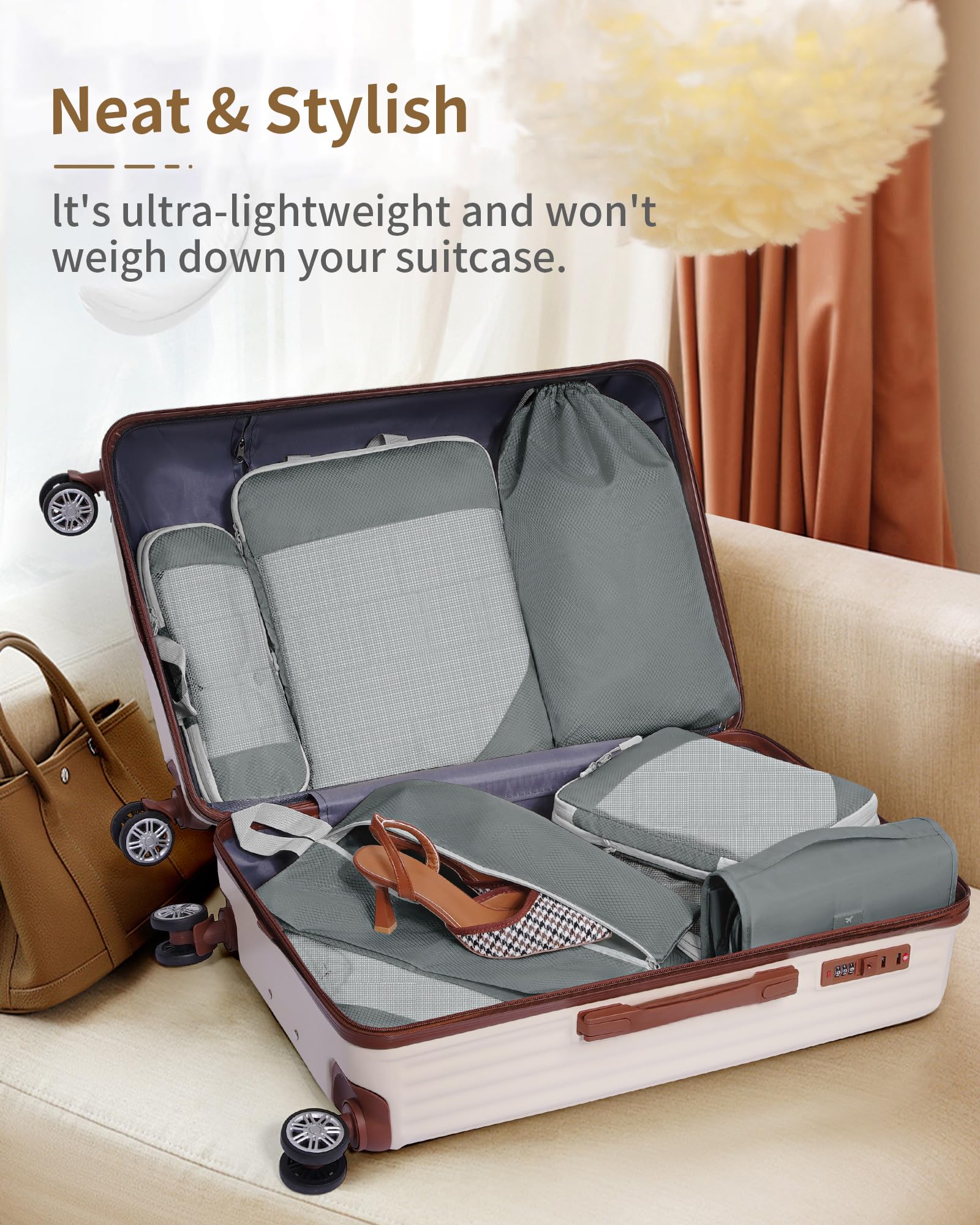 RUIOMII - Cubi da imballaggio a compressione, 7 pezzi, accessori da viaggio essenziali da viaggio, borse da imballaggio resistenti, organizer per bagagli, vestiti, scarpe, cosmetici, borse per riporre