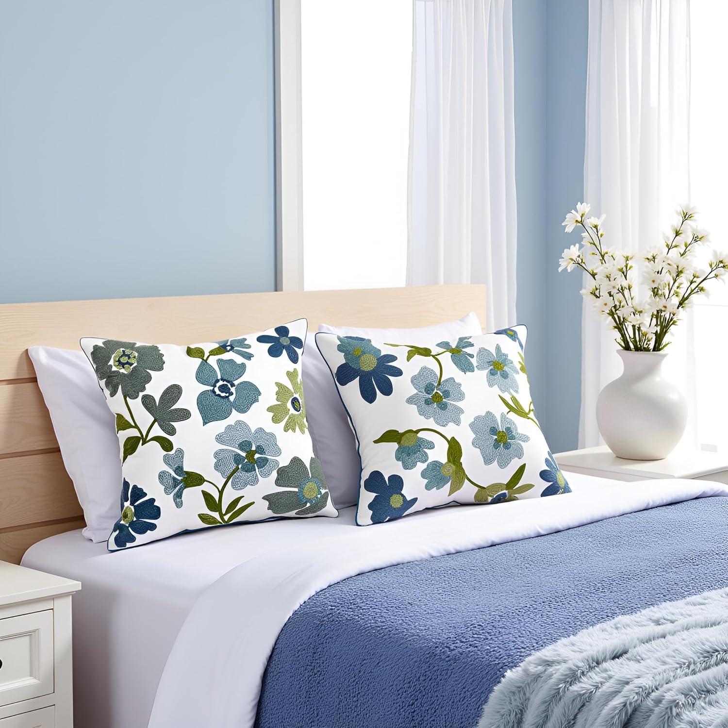 Embroidered Throw Pillow Covers 18x18 inch Pack of 2 Blue Blossoms Spring Summer Decorative Pillowcases Farmhouse Coastal Pillow Cushion Cases Home Decor for Sofa Bed Living Room