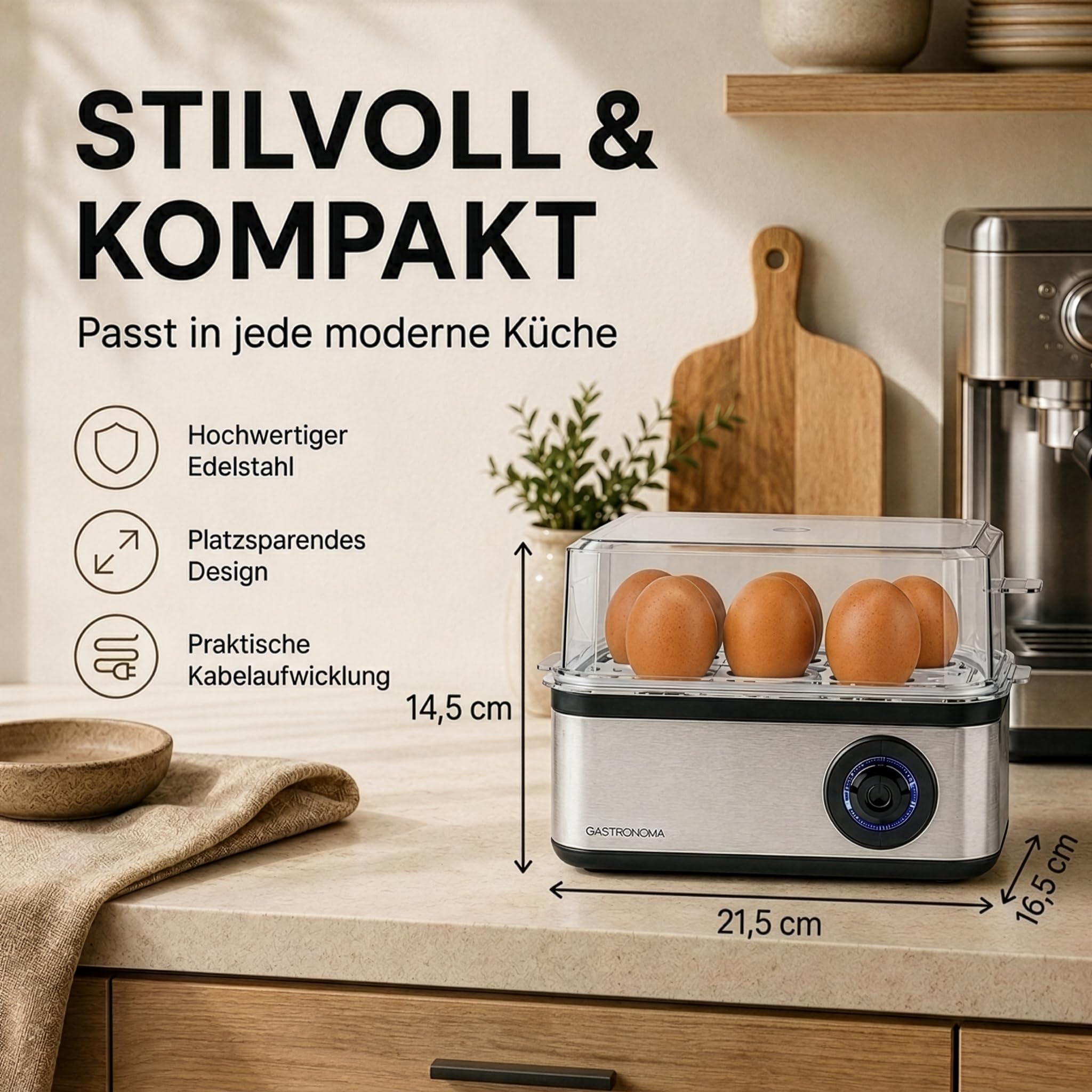 Gastronoma Eierkocher - Eierkocher 8 Eier - Egg Cooker mit Timer - Edelstahl - Silber
