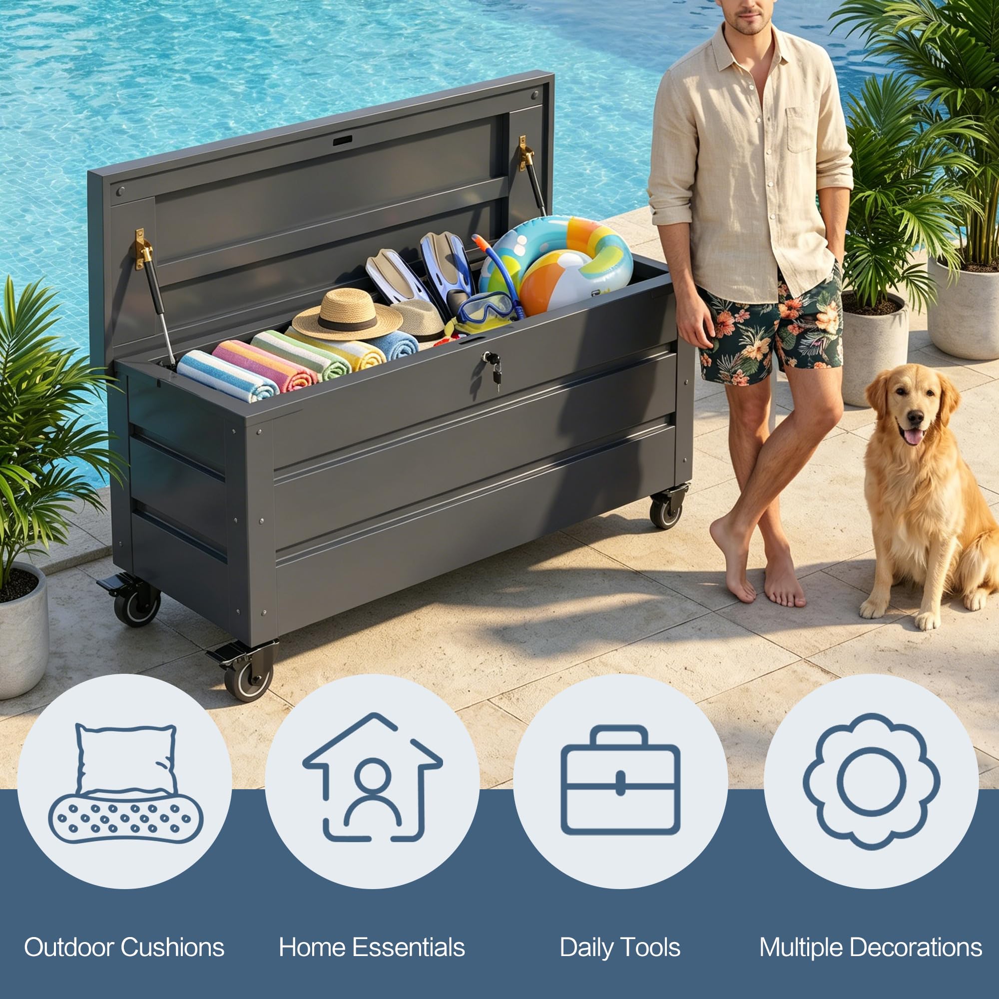 Gartenbox aus Metall mit Rädern und Schlössern 656L | Outdoor Kissenbox für den Garten mit Rostfeste Beschichtung | Outdoor Aufbewahrungsbox/Auflagenbox wasserdicht für Kissen - 158x63x66cm