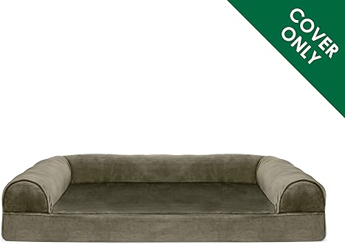 Miniatura 2 de Furhaven Funda de repuesto para cama de perro, estilo sofá, de pelo sintético y terciopelo, color salvia oscura, talla gigante (XL)