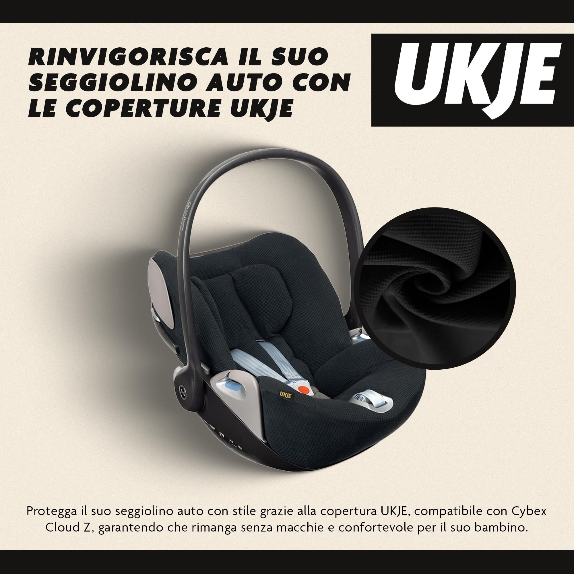 Ukje - Cybex Cloud Z Sommerbezug - Perfekte Passform - Handgefertigt in Europa - Dickes atmungsaktives Baumwollgewebe - Sommerbezug Cybex - Reduziert das Schwitzen und hygienisch… (Schwarz Waffel)