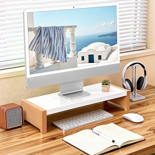 Miniatura 8 de ARCOBIS Soporte elevador para monitor, metal blanco y madera, soporte para monitor de computadora para escritorio, capacidad de carga máxima de 40