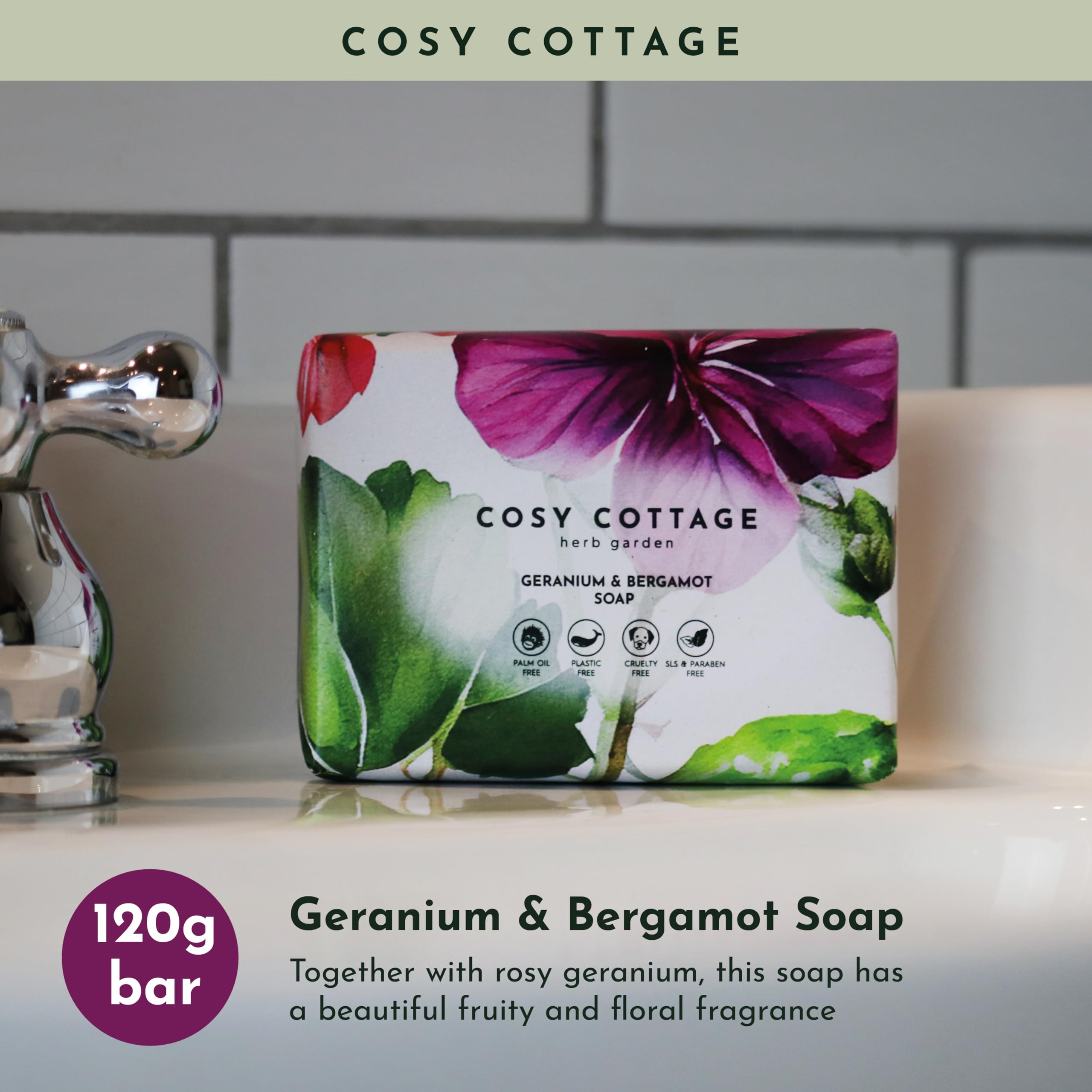 Cosy Cottage Herb Garden Geranium & Bergamot Soap Bar 120g, Cranberry, 120 g (Pack of 1) - Image 2