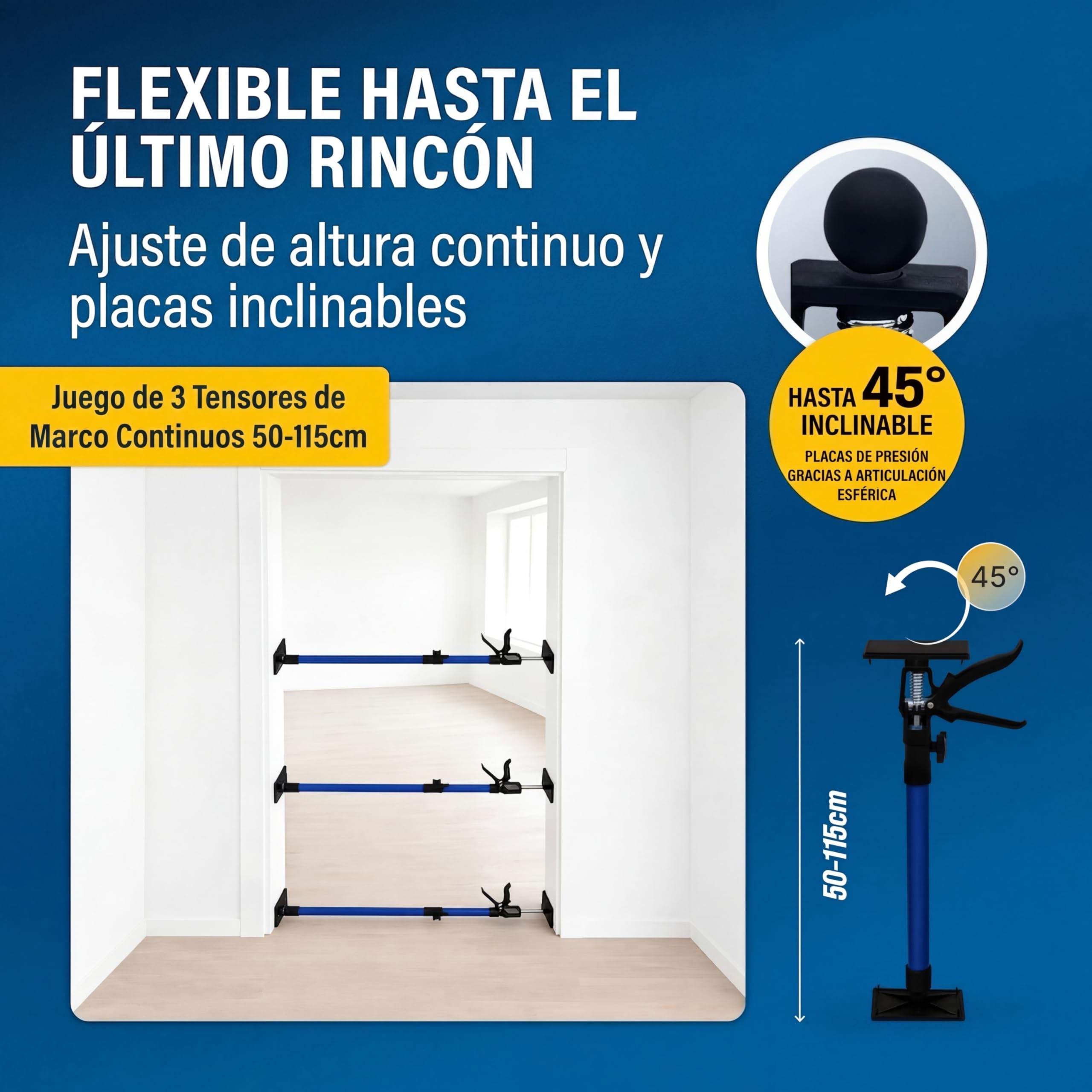 DEUBA® Set 3x Puntales Telescópicos Extensibles Obra Tensores Puerta Ajustables 50-115cm Puntal Tensor Poste Acero Placas Presión Goma Antideslizante Instalación Techo Paneles Pladur Carga 30kg