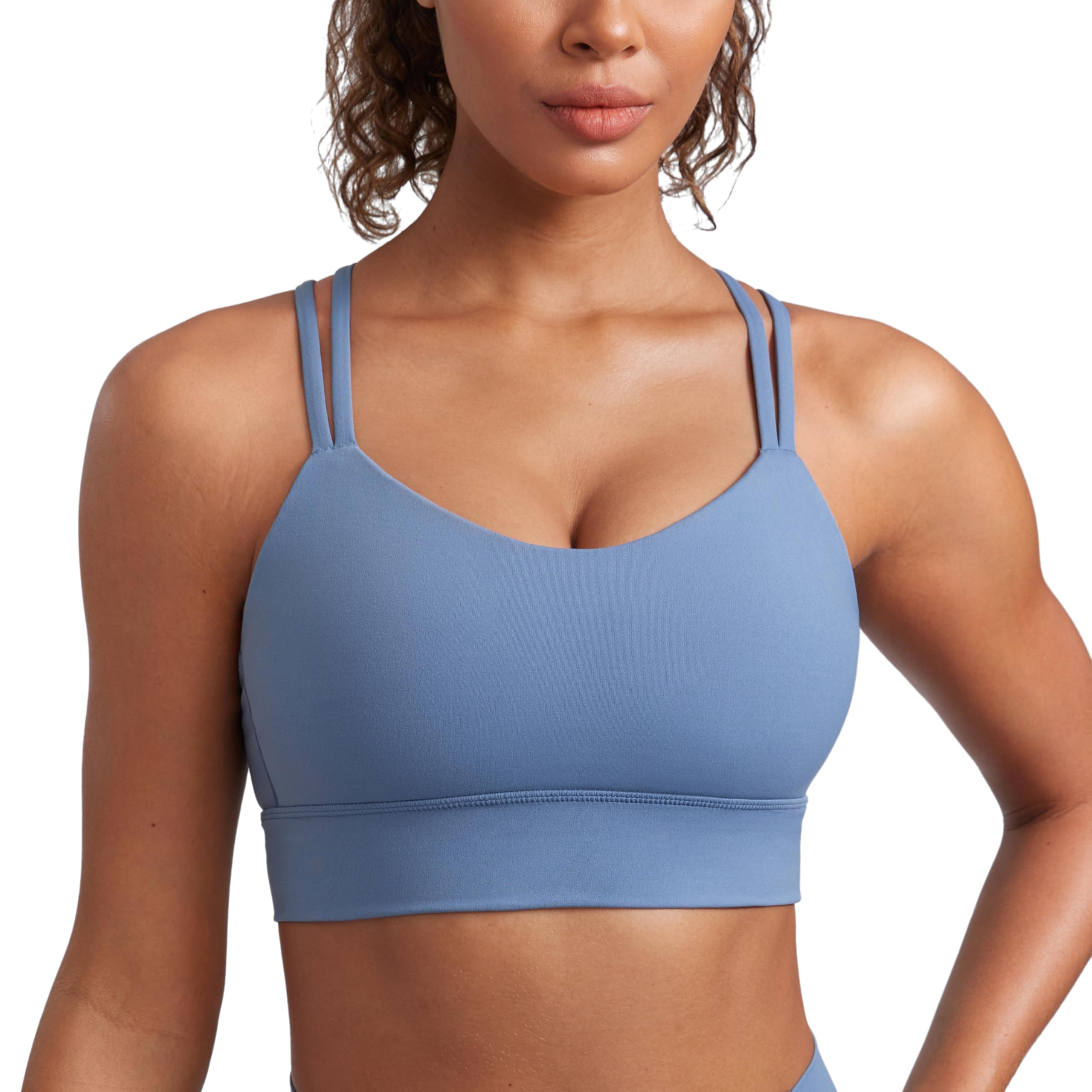 Crz Yoga Women's Oasis Blue Butterluxe Strappy Sports Bra Molded A-D Cup Criss Cross Yoga Bra Padded Longline Workout Crop Top Xs