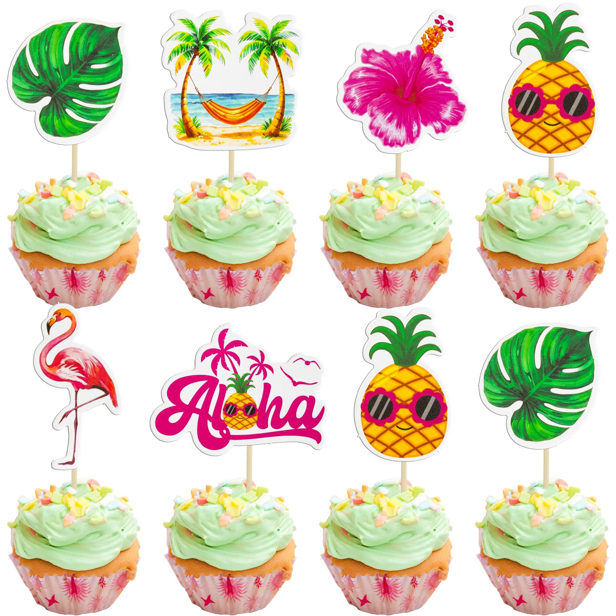 Gyufise Tropical Aloha Luau Cupcake Toppers Palm Tree Flower Turtle Leaves Flamingo Pineapple Cupcake Picks Summer Hawaiian Tropical Luau Aloha Theme Birthday Party Cake Decorations Supplies โ image 1