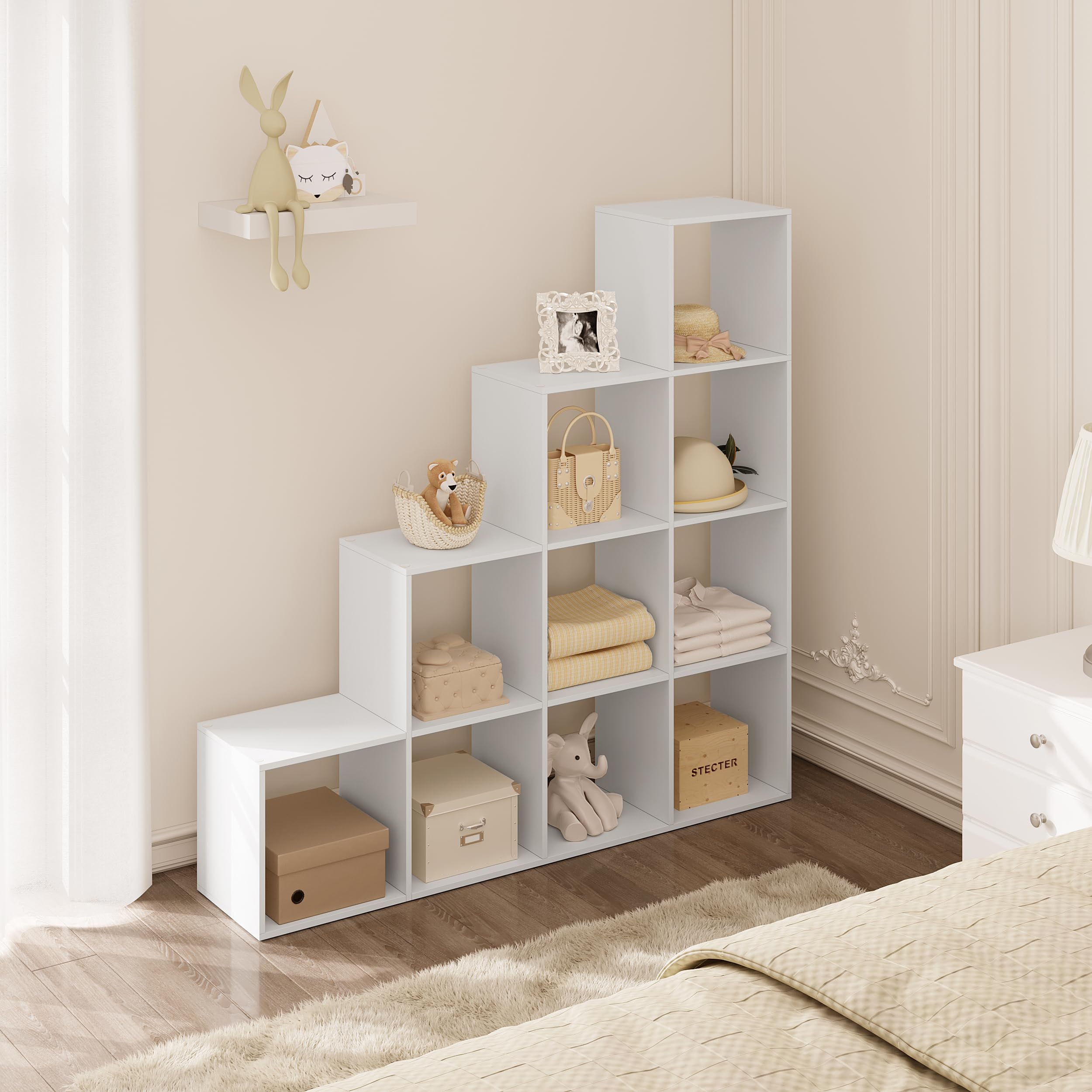WOLTU Estanteria Libreria con 10 Compartimentos, Estanteria de Almacenamiento de Madera, para Salon, Estudio y Oficina, Blanco+Roble Claro, 136x29x136 cm RGB44ws (29x136x136cm)