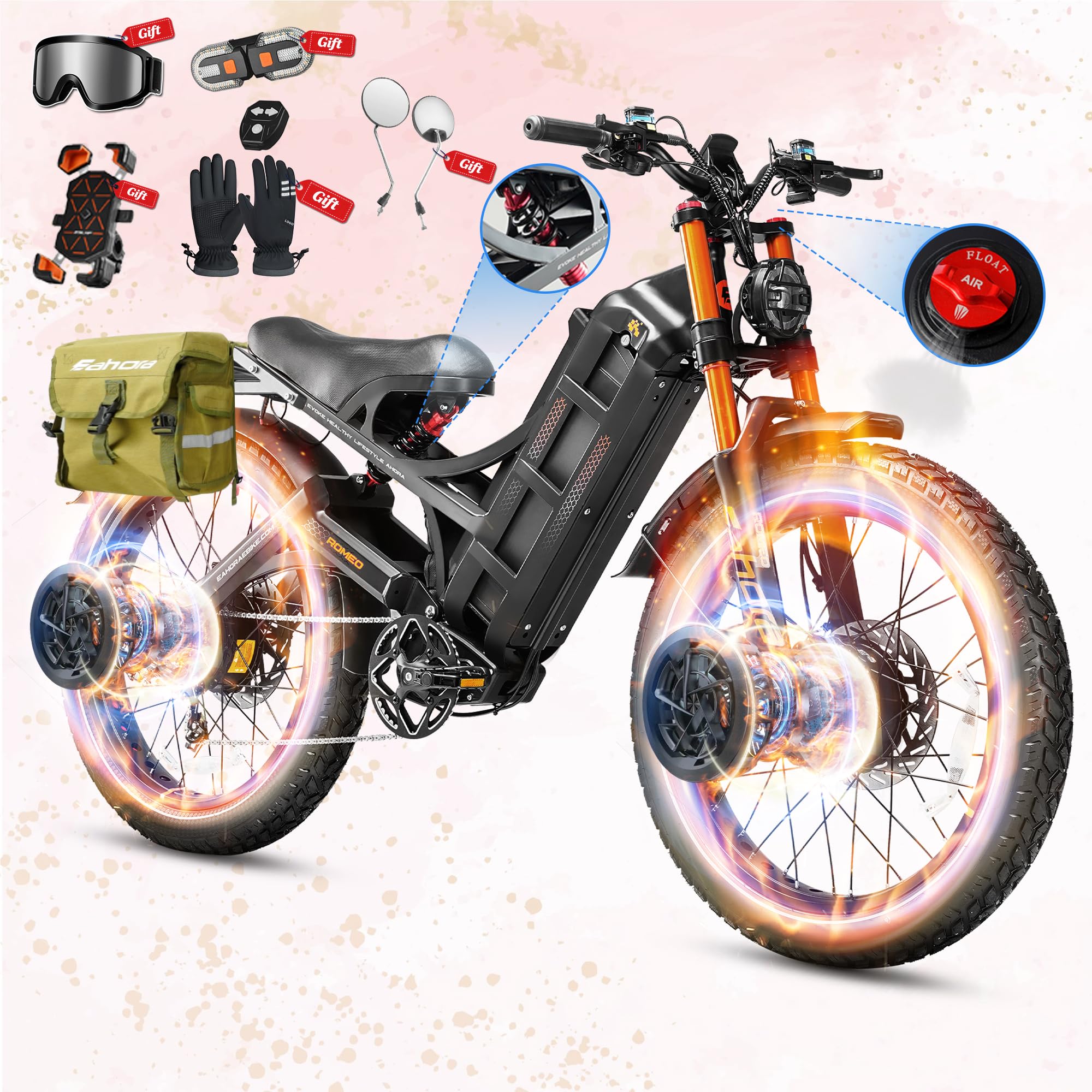 eAhora 2026 Romeo Pro 3/2 50-46Mph Electric Bike for Adults 5600W/4000W/2500W Dual Motor Ebike 60V/80Ah 52V/70Ah Long Range Fat Tire Full Suspension Electric Mountain Bicycle