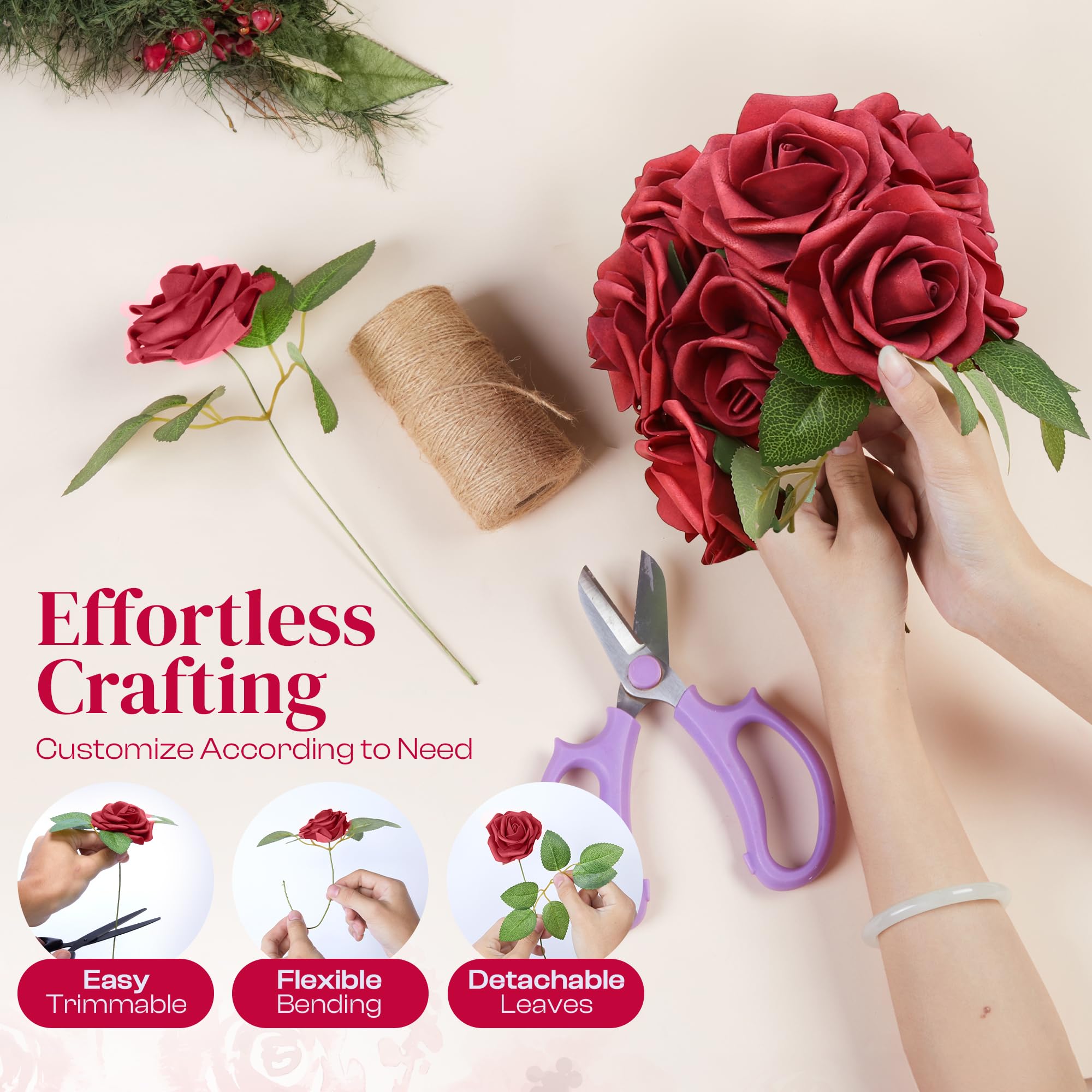 Petalscentusia Artificial Roses 25 pcs Fake Roses with Stems and 20 Leaves Foam Latex for Wedding Bouquets Valentine's Day - Image 4