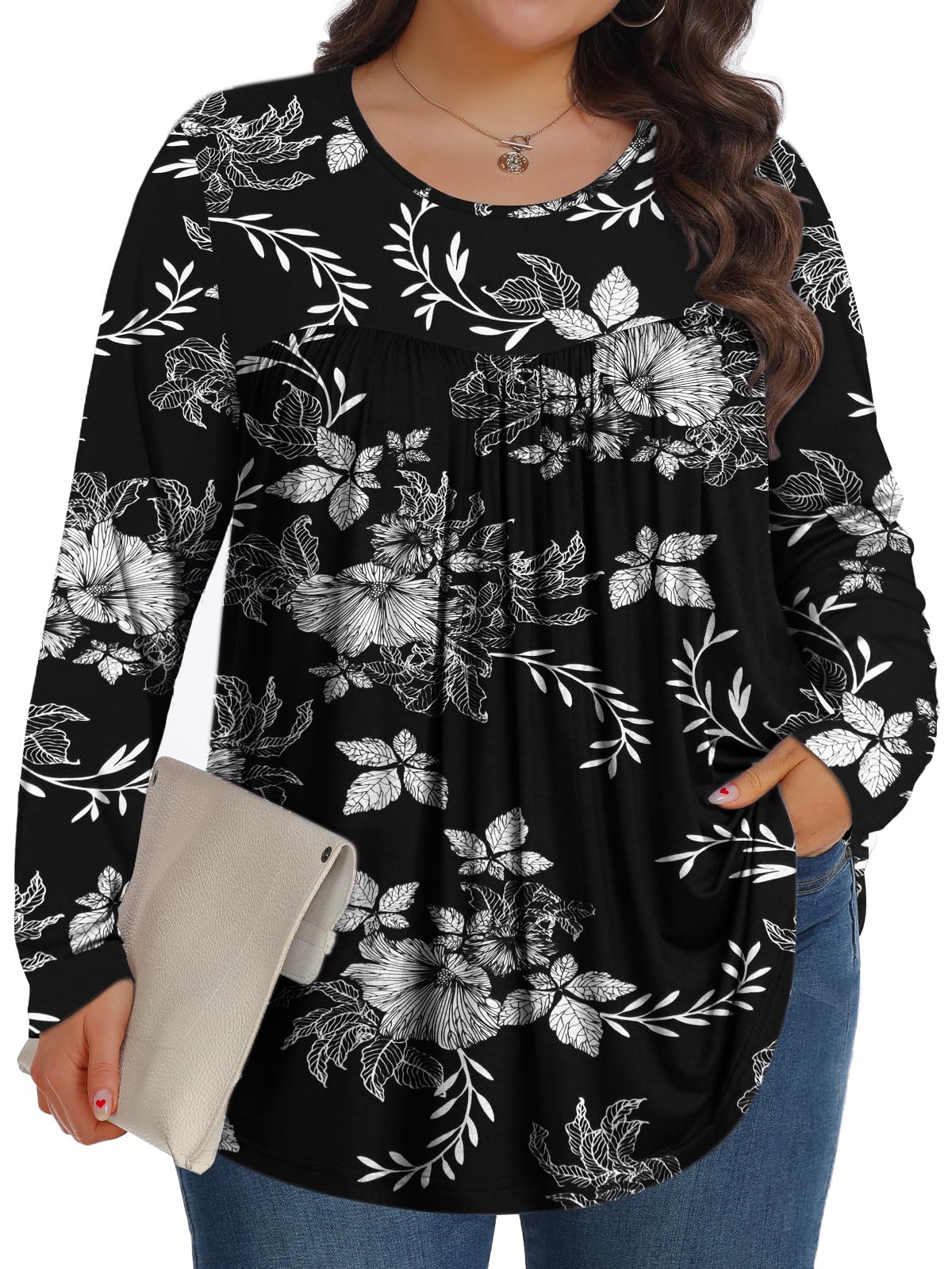 Womens Plus Size Tops Long Sleeve Tunic Crew Neck Casual Loose Shirts Clothes 1X-5X