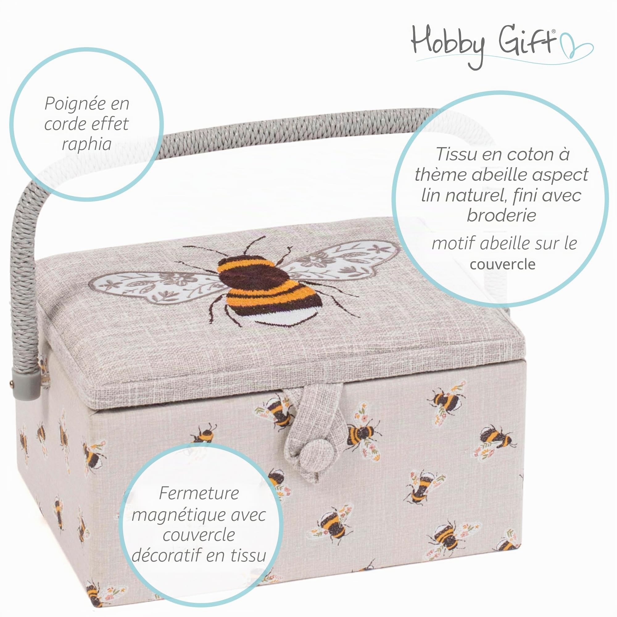 Hobby Gift Boîte de rangement pour artisanat de couture brodée exclusive de taille moyenne, Abeille brodée