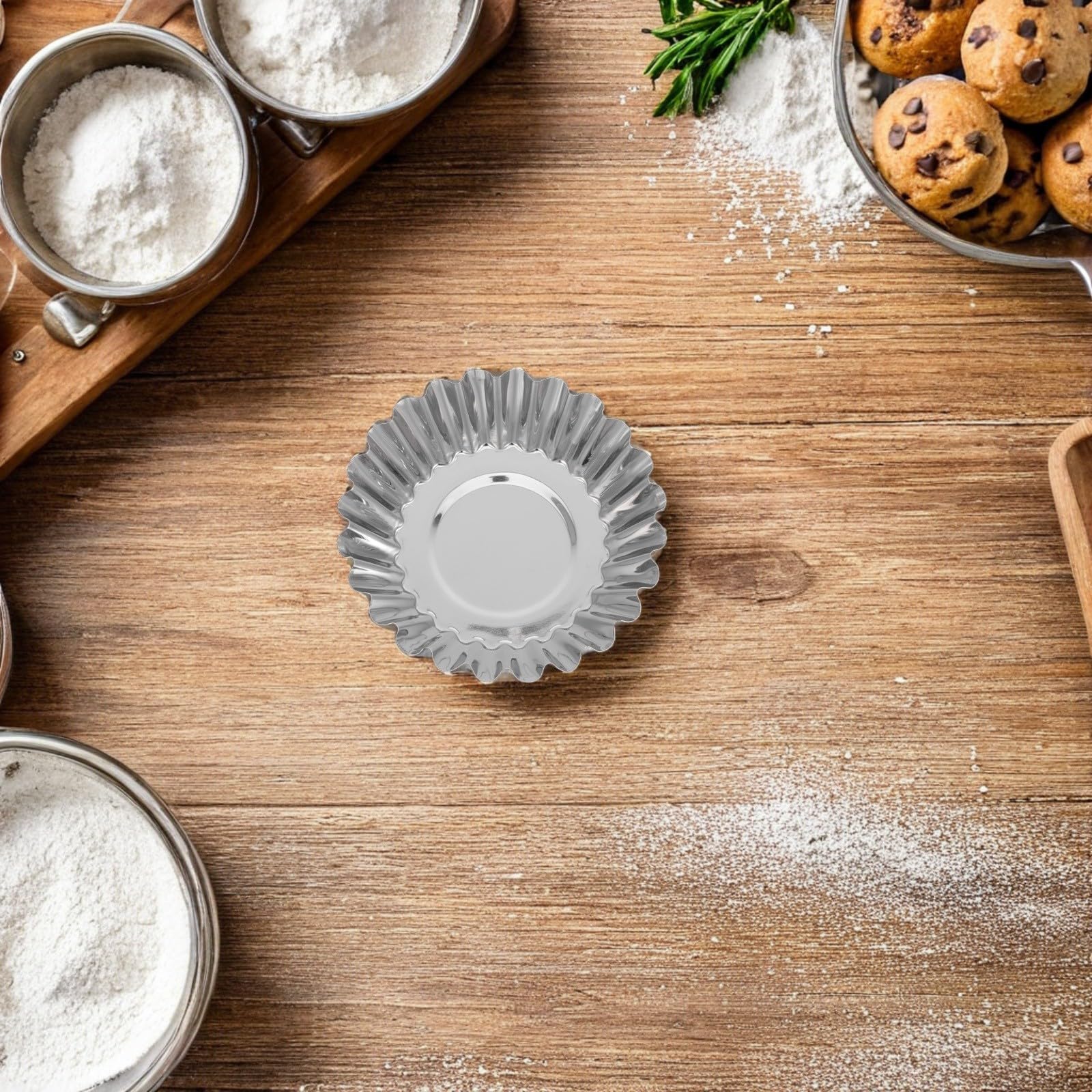 Moldes para Tartaletas de Huevo de Acero Inoxidable 50 Piezas | Plata, Redondos y Reutilizables, Mantenimiento Sencillo, Usos Versátiles en Cocina y Repostería