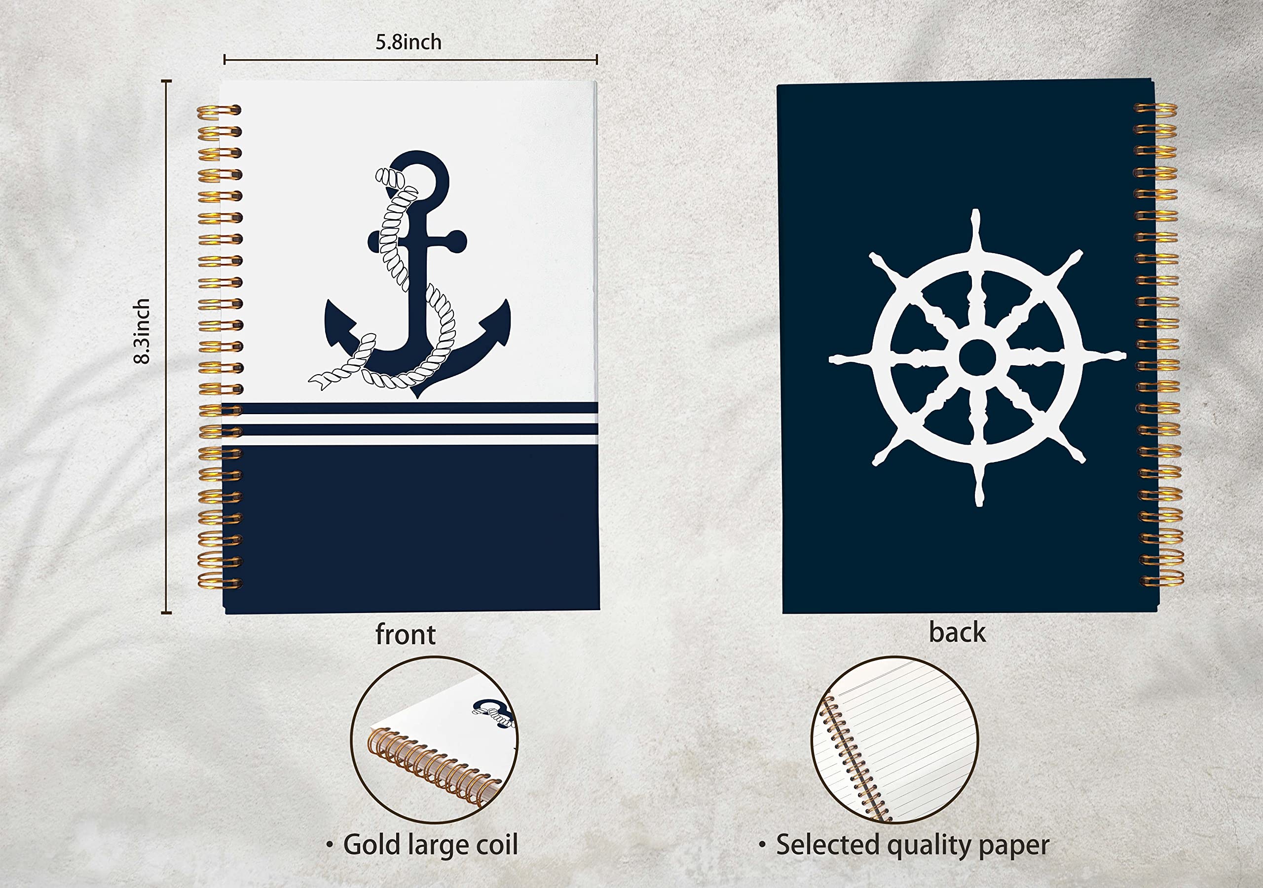 NEGIGA Cuaderno de espiral con forro de cuerda de ancla náutica azul marino de 8.3 x 5.5 pulgadas, cuaderno de tapa dura para tomar notas de trabajo, regalos para amantes del océano, regalos de