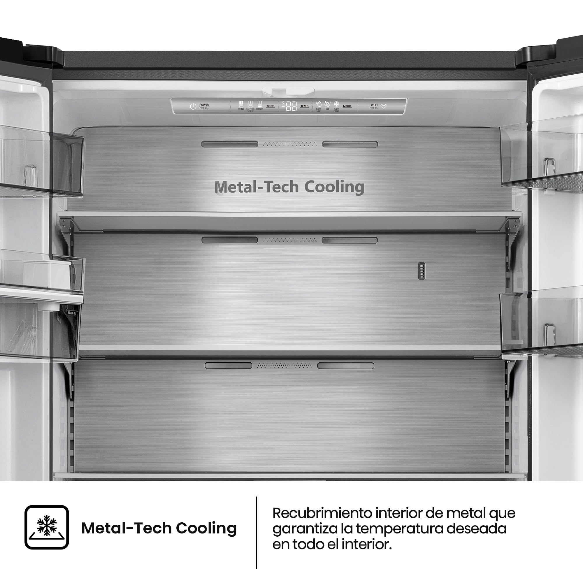 Hisense RF749N4SWFE - Frigorífico Americano Puerta Francesa Total No Frost, 579L,179cm, Metal-Tech Cooling, My Fresh Choice, Multi Airflow, Dispensador Agua con Depósito, Inverter, WiFi, Dark Inox