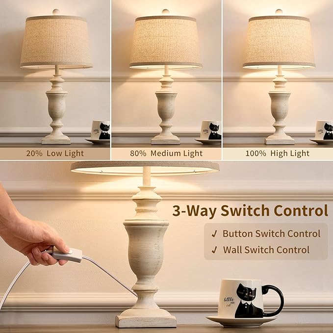 SAIWEYA 23" Farmhouse Table Lamps Set of 2, 3 Way Dimmable Lamps with 2 LED Bulbs and Rocker Switch, Vintage Nightstand Lamp for Bedroom Living Room Office End Table Entryway, White photo 5