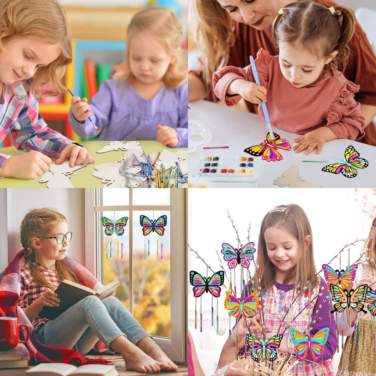 Kit Campana A Vento Farfalle TZQFROCE - 8 Pezzi Legno Da Decorare, Per Bambini, Con Tubi Vento E Pennelli, Fai Da Te - Foto 6