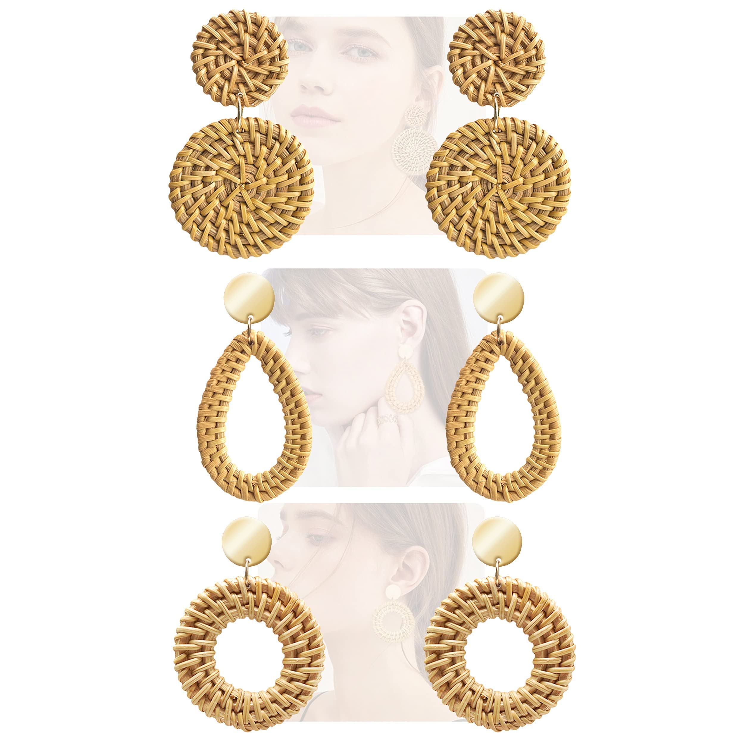 Rattan Earrings for Women Handmade Straw Wicker Braid Drop Dangle Earrings Lightweight Geometric Statement Earrings