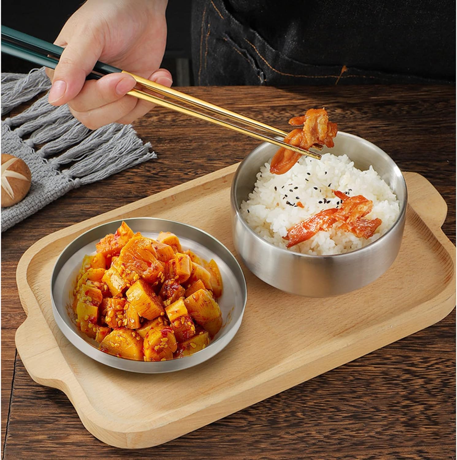 韓国ステンレスご飯茶碗＋蓋 2種セット 業務用 Amazon｜韓国式ご飯 ボウル 茶碗 湯碗 小鉢 2重壁 ステンレス 蓋付き