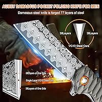 Vista 3 de Cuchillo de bolsillo AUBEY de Damasco con mango de aluminio, cuchillo plegable de acero de Damasco de 3.14" (8 cm), hoja con afilado hueco, cuchillo