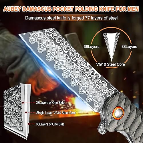 Miniatura 3 de Cuchillo de bolsillo AUBEY de Damasco con mango de aluminio, cuchillo plegable de acero de Damasco de 3.14" (8 cm), hoja con afilado hueco, cuchillo