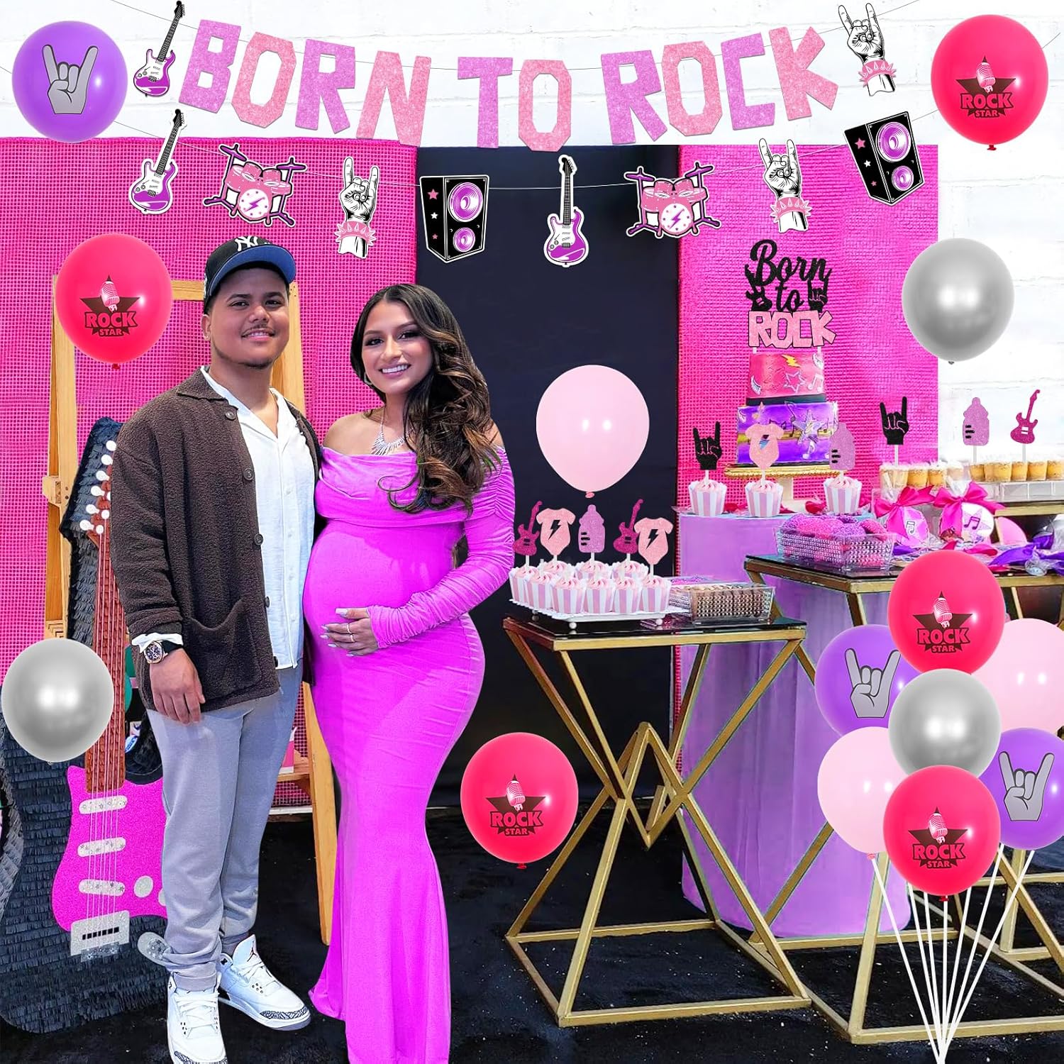 JOYMEMO Pink Purple Baby Shower Decorations for Girls - Born to Rock Banner Cake Topper, Rock and Roll Garland Cake Topper, Rocker Printed Balloons, Music Themed Baby Shower Party Supplies
