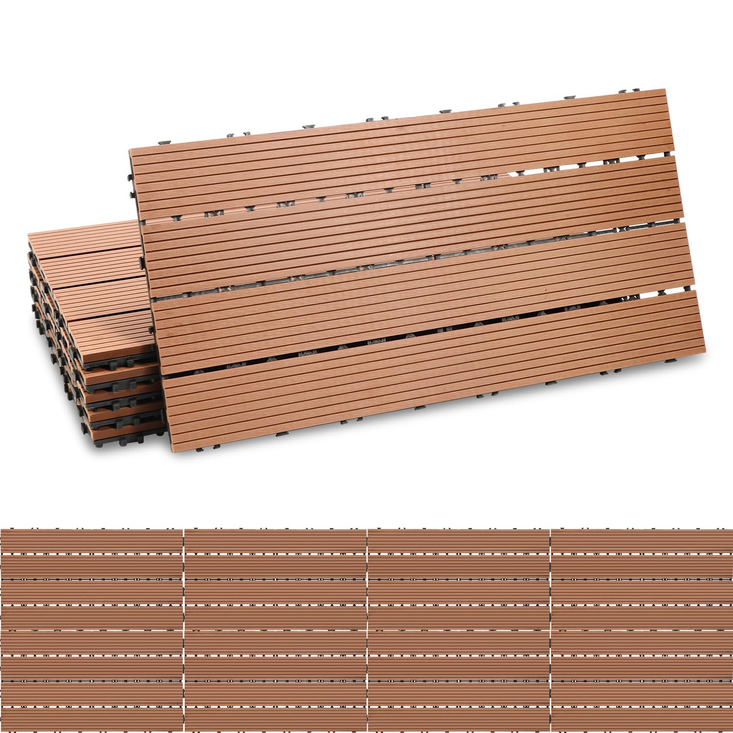 Ikodm Piastrelle in Plastica Composita WPC, 30x60cm60 Pezzi 10m² Pavimentazione in Plastica-legno all'aperto con Drenaggio e Sistema Plug-in, Antiscivolo, Marron
