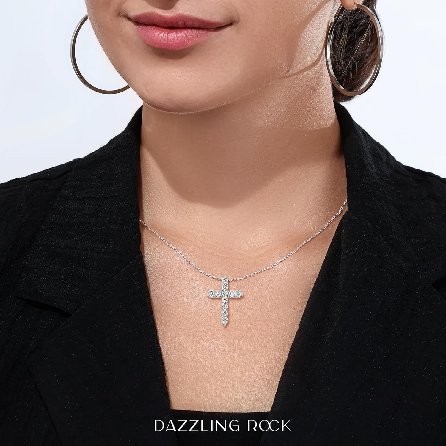 Round Lab Grown White Diamond Classic Cross Pendant with 18 inch Silver Chain for Women in 925 Sterling Silver - Image 2