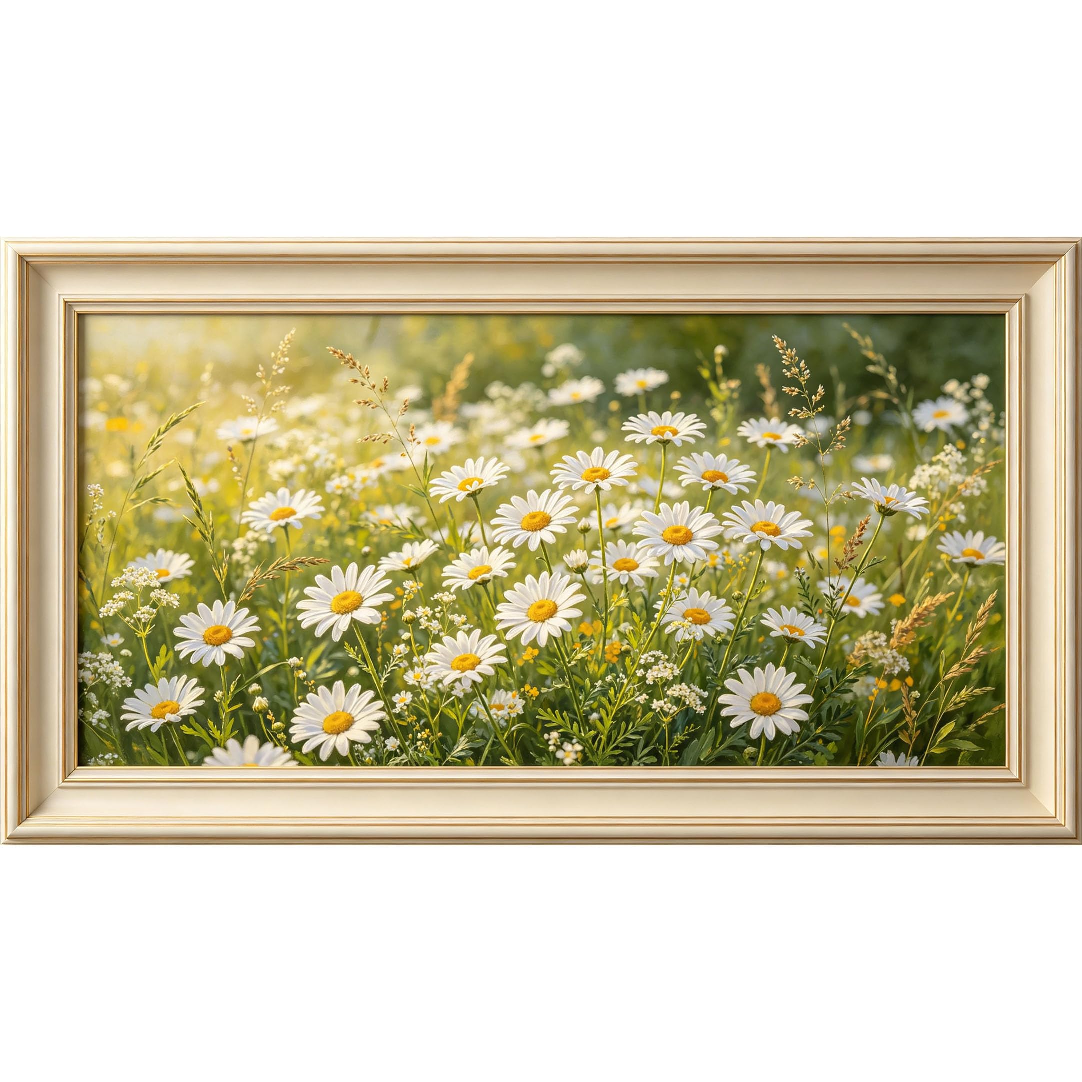 QZLITHOTIC 50x90cm3D Framed Wall Art， Botanical Daisy Meadow Self‑Adhesive Mural， Water‑Activated Peel & Stick Fabric Decor Wall Decal for Bedroom Living Room
