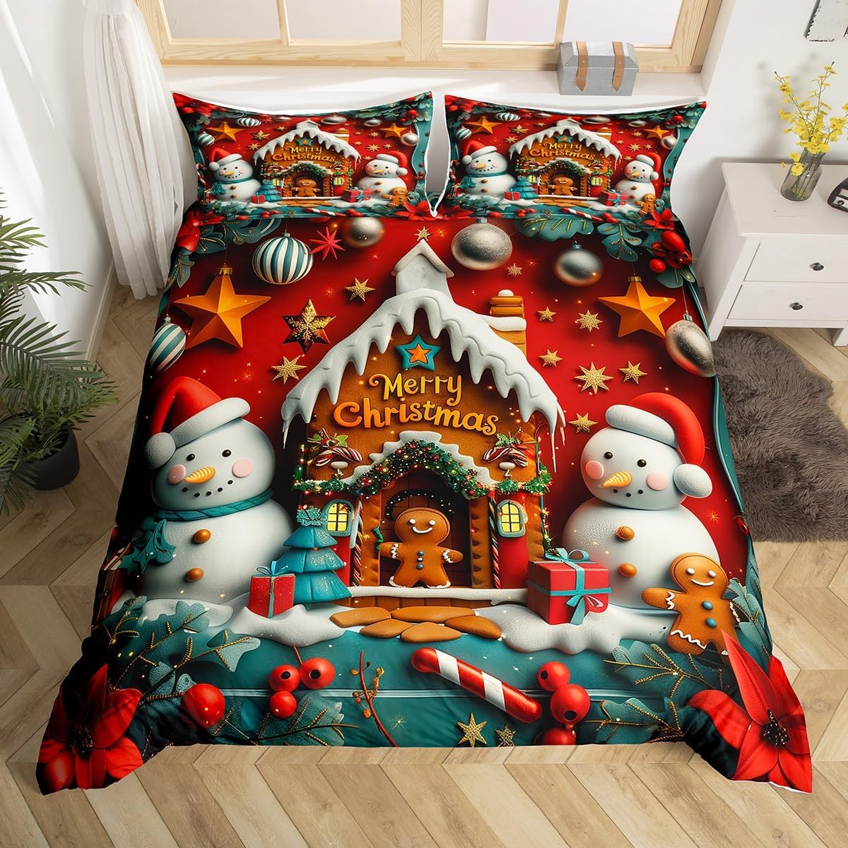 Christmas Tree Duvet Cover Set Queen Size,Snowflake Bedding Set for Kids Boys Girls Adults Room Decor,Merry Christmas Comforter Cover 3Pcs,Barn Stripes Bedspreads Cover,2 Pillowcases(NO Comforter)