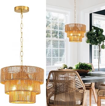 Rattan Pendant Light Fixtures,11.8" Boho Hanging Lamp for Kitchen Island,3-Light Hand-Woven Chandelier Height Adjustable,Natural Wicker Lamps for Dining Room Living Room Bedroom Hallway Entryway,Brown